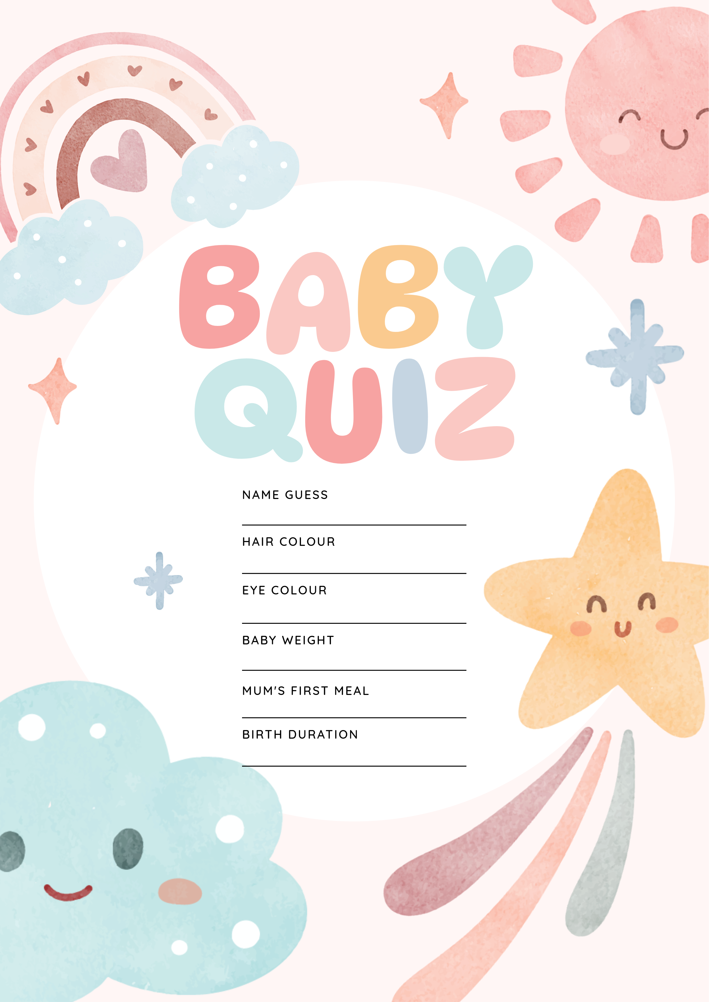 Pink Blue and Green Pastel Baby Shower Quiz Worksheet