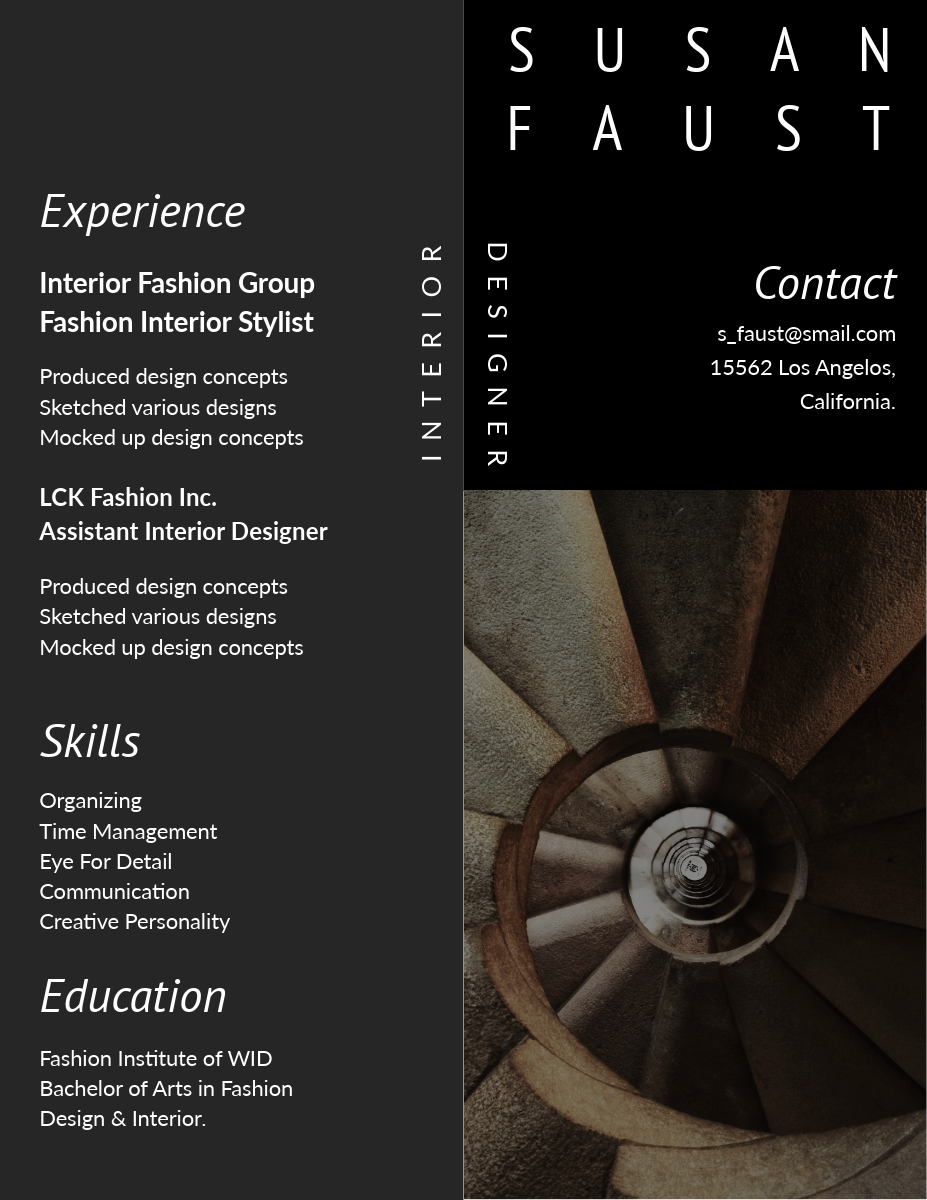 Black and White Interior Designer Resume