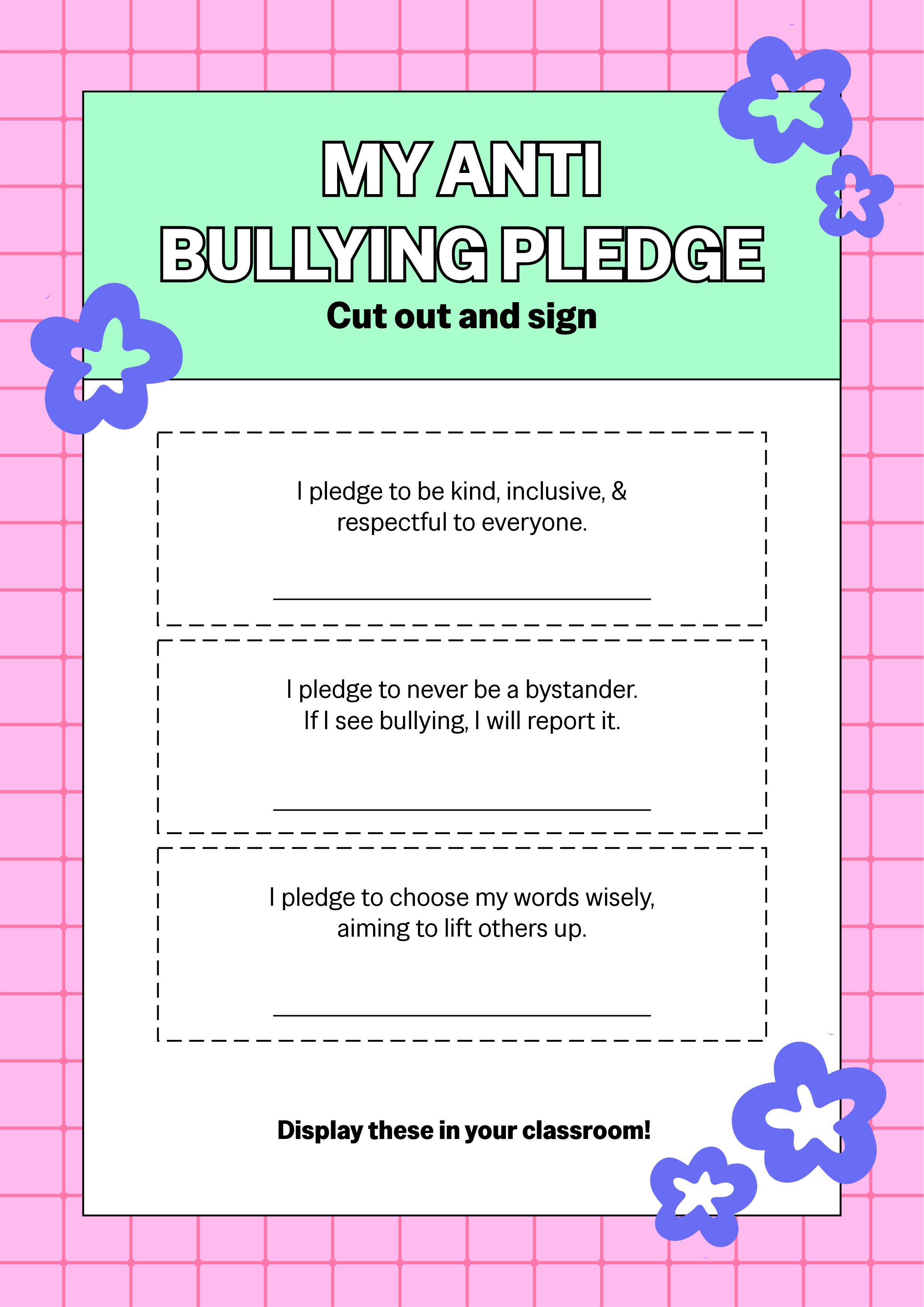 Pink, Green and Purple Anti-Bullying Pledge Flyer
