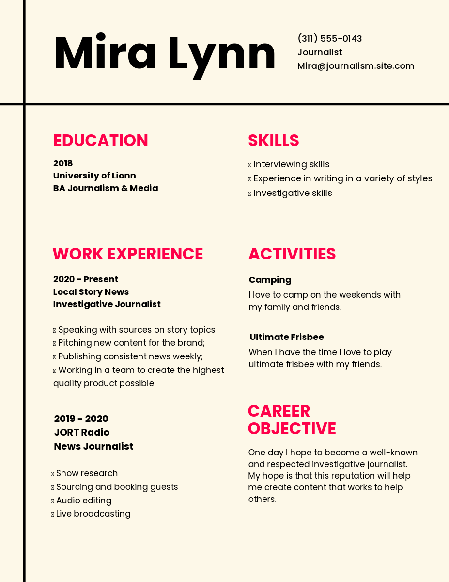 Pink & Black Journalist Resume