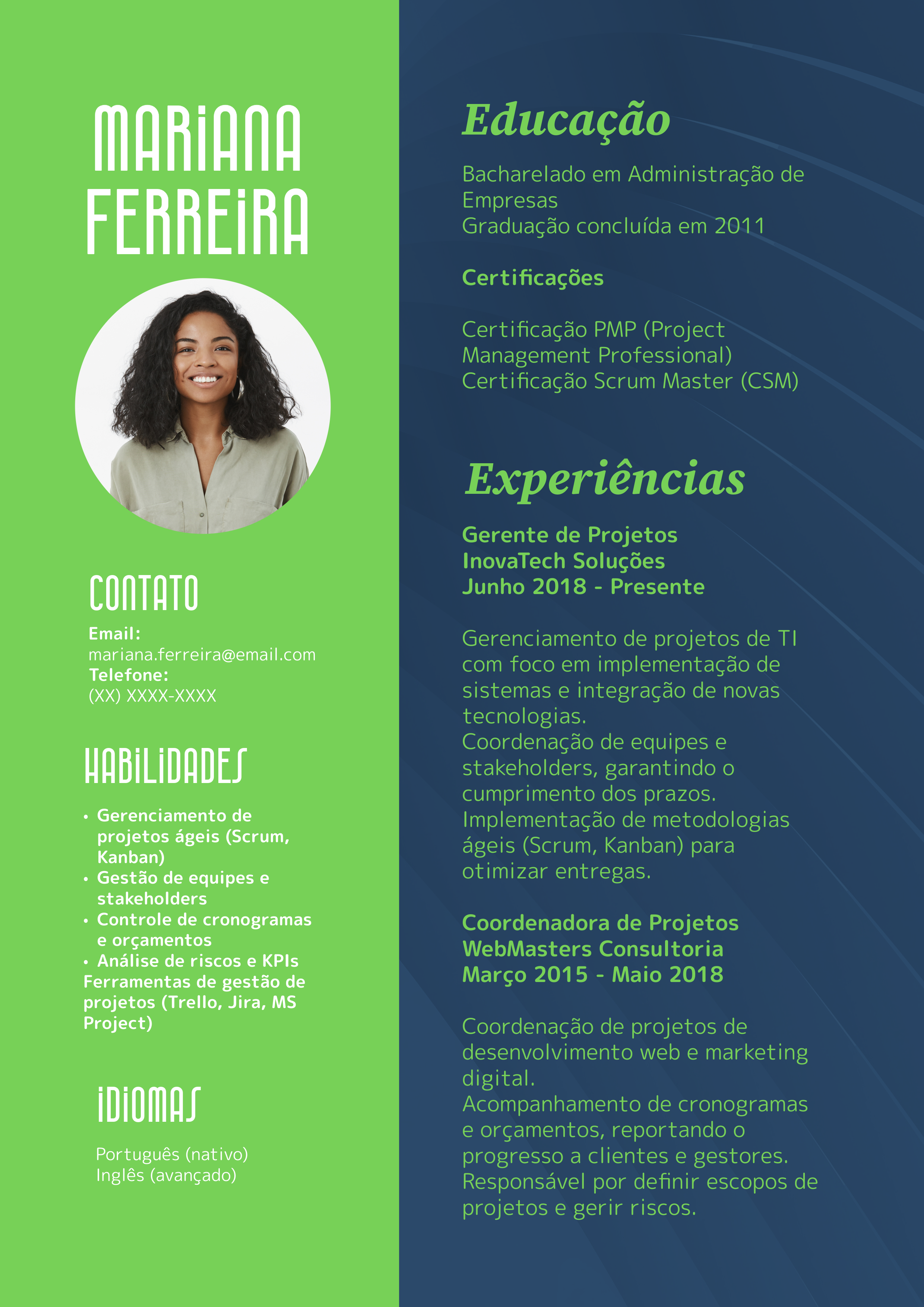 Verde Azul CV Currículo Gerente de Projetos