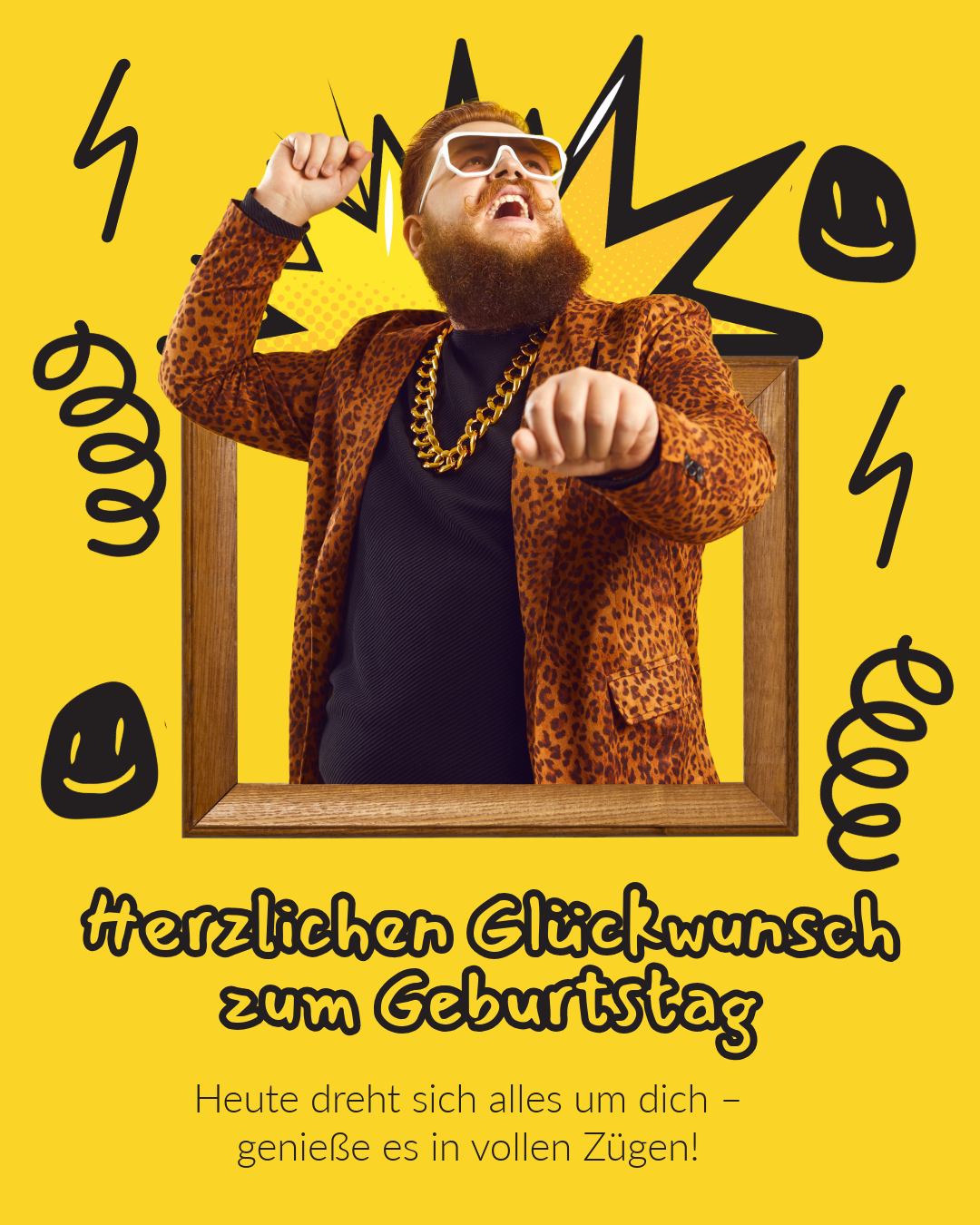 Gelber Instagram-Hochformat-Post zur Geburtstagsbegrüßung