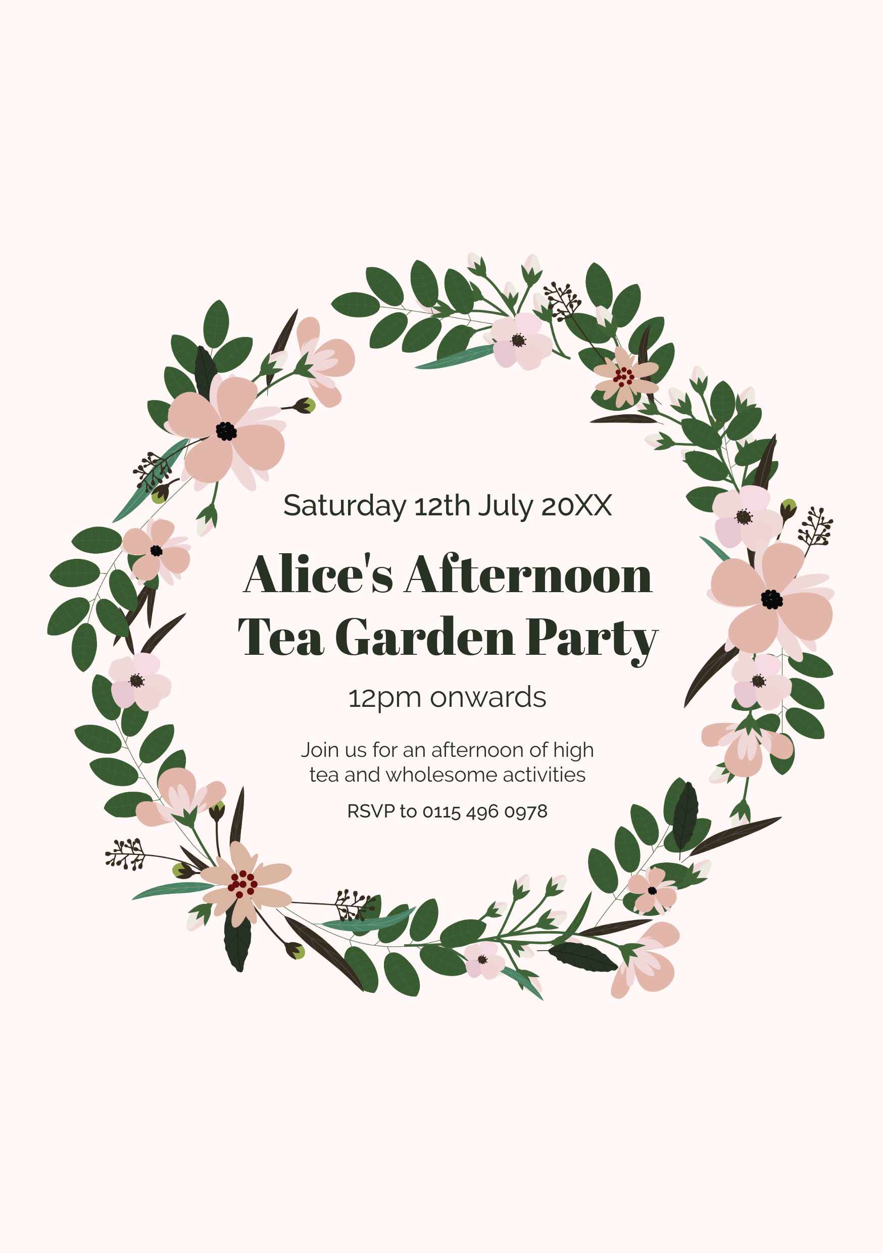 Pink Floral Wreath Garden Party Invitation A5