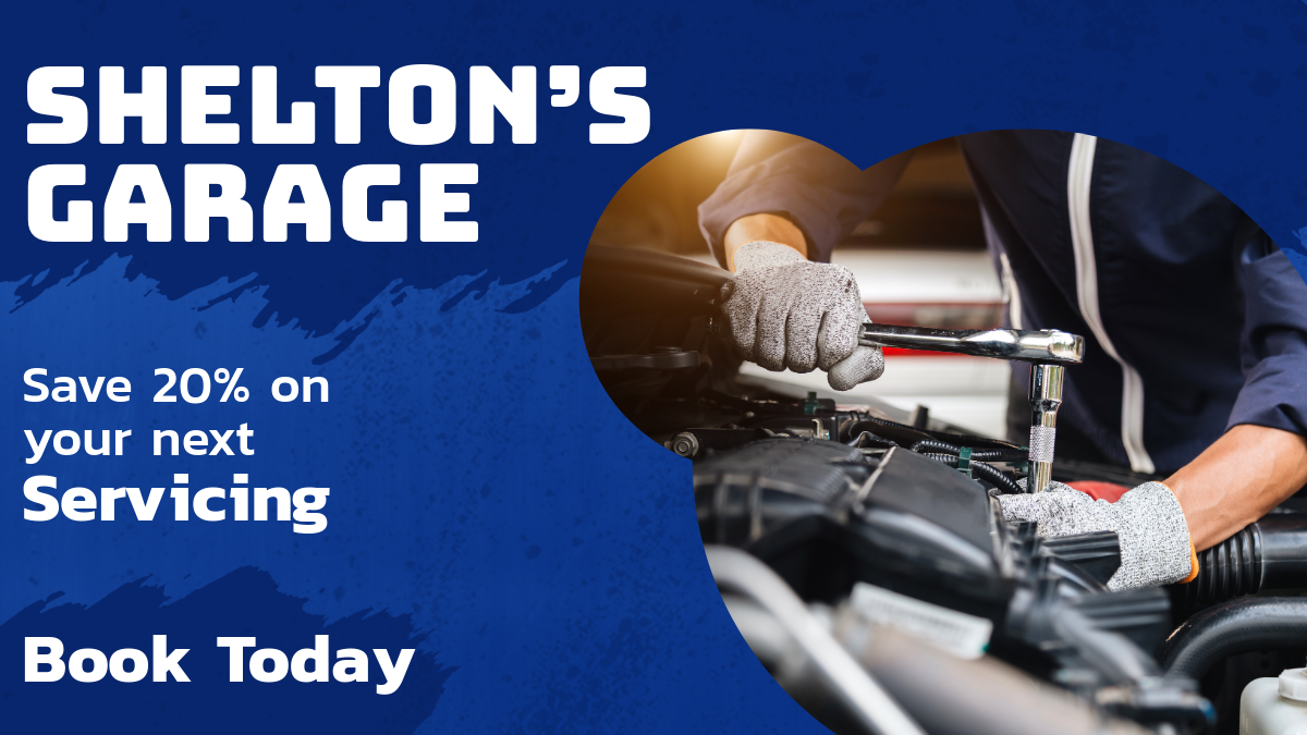 White, Navy and Blue Garage Twitter Post