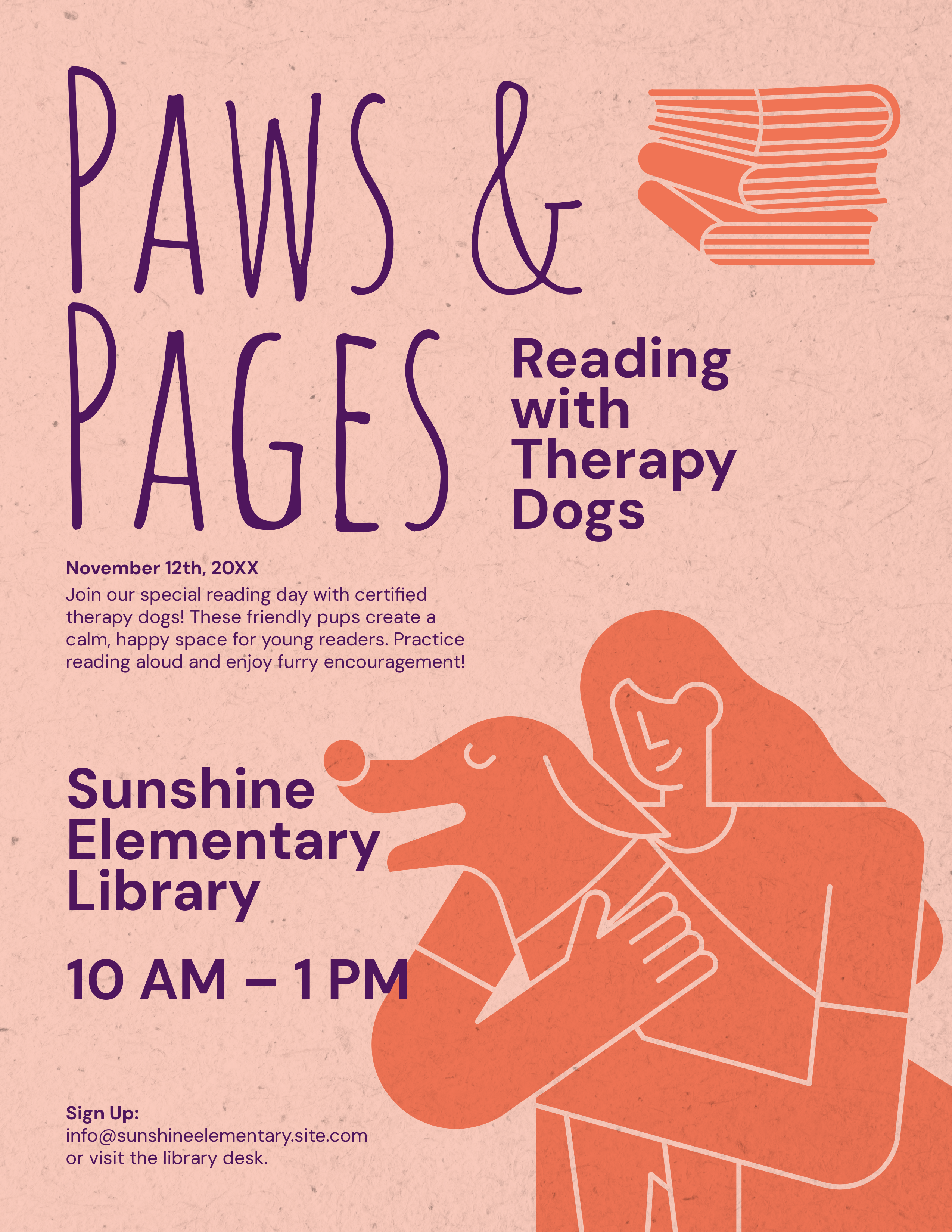 Purple and Orange School Event Read with Therapy Dogs Flyer