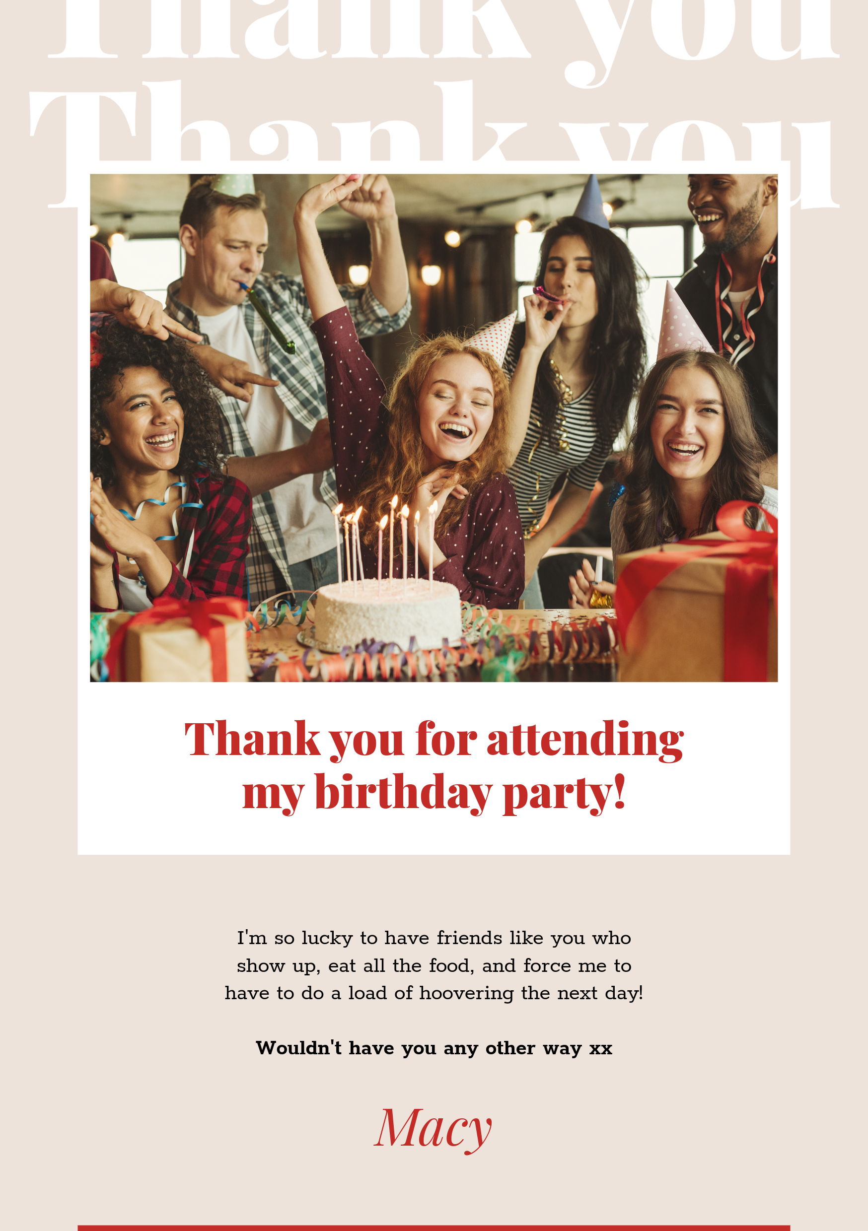 Red and Beige Birthday Party Thank You Card