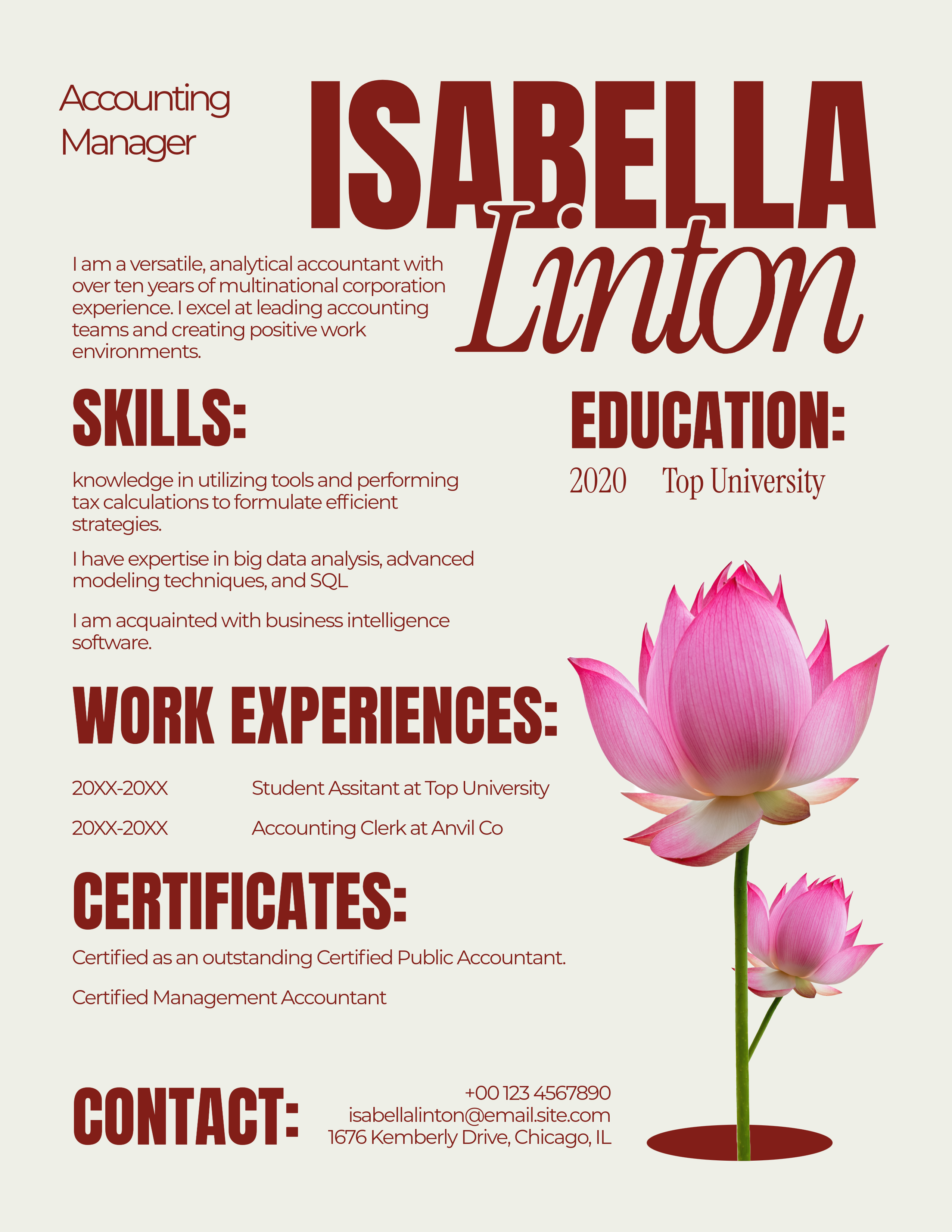 Cream and Red Manager Resume