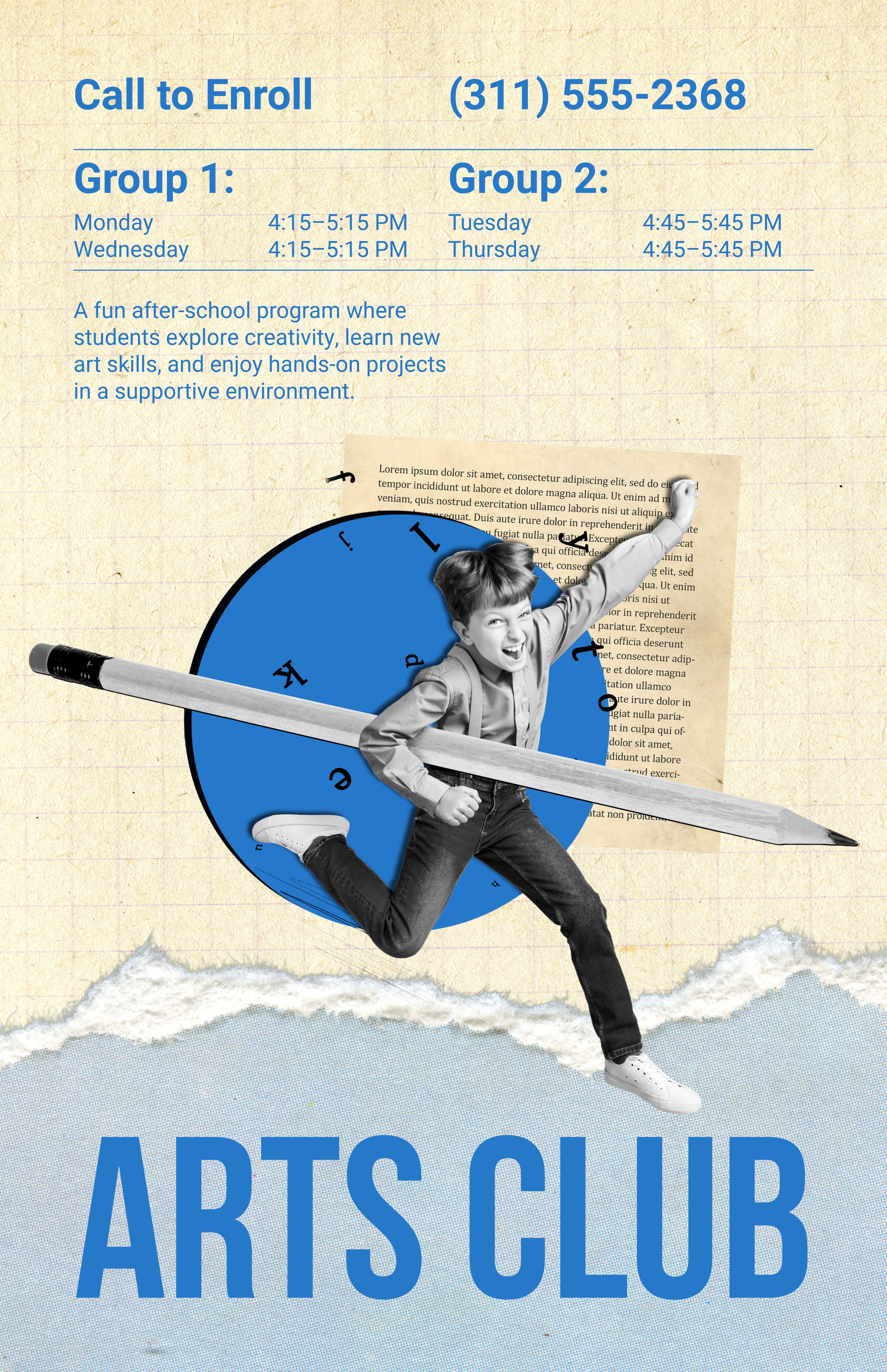 Blue and Yellow After School Arts Club Timetable Poster