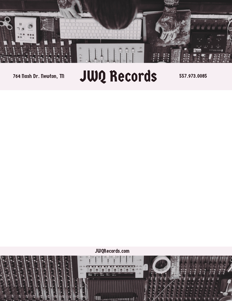 Black and White Record Label Letterhead with Recording Studio Picture