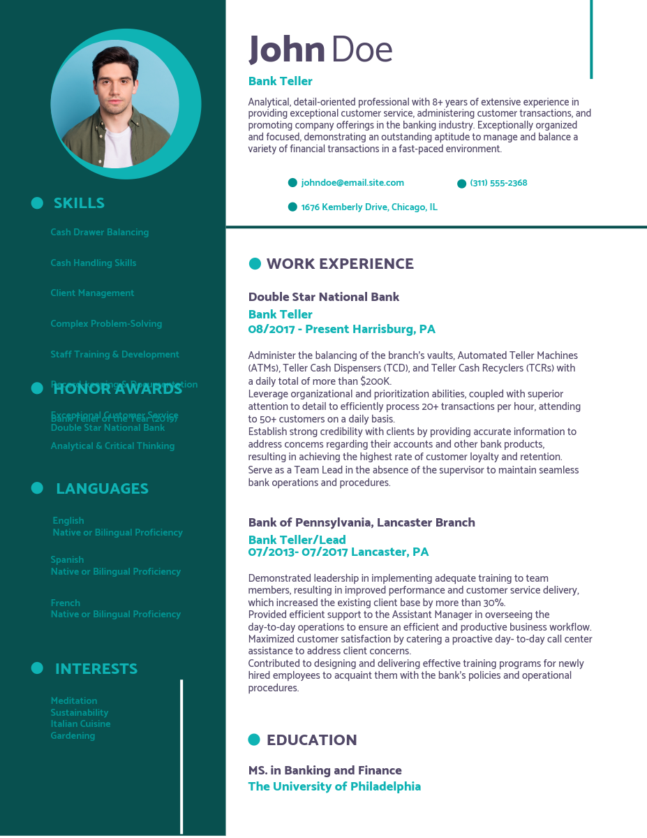 Aquamarine And Dark Green , Designer Resume