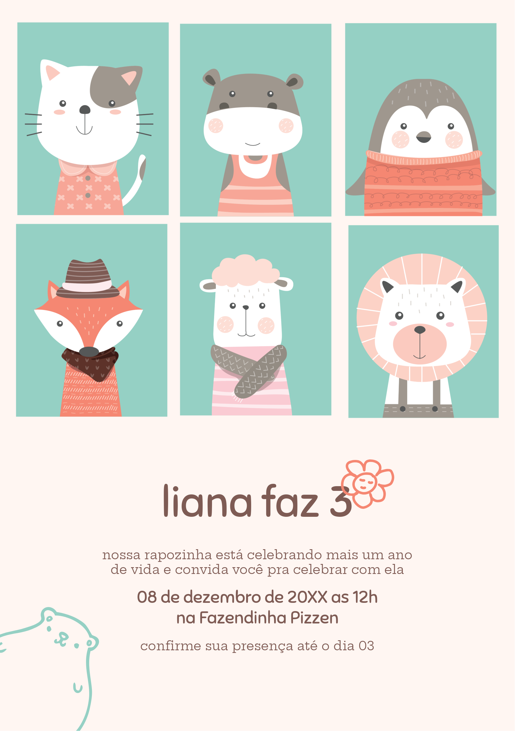 Convite - Aniversario Criança Animais Turquesa e Coral