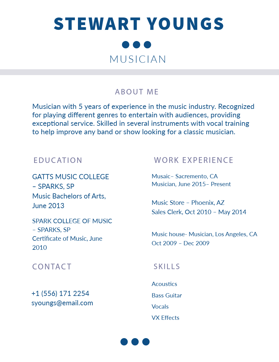 Blue and White Musician Resume