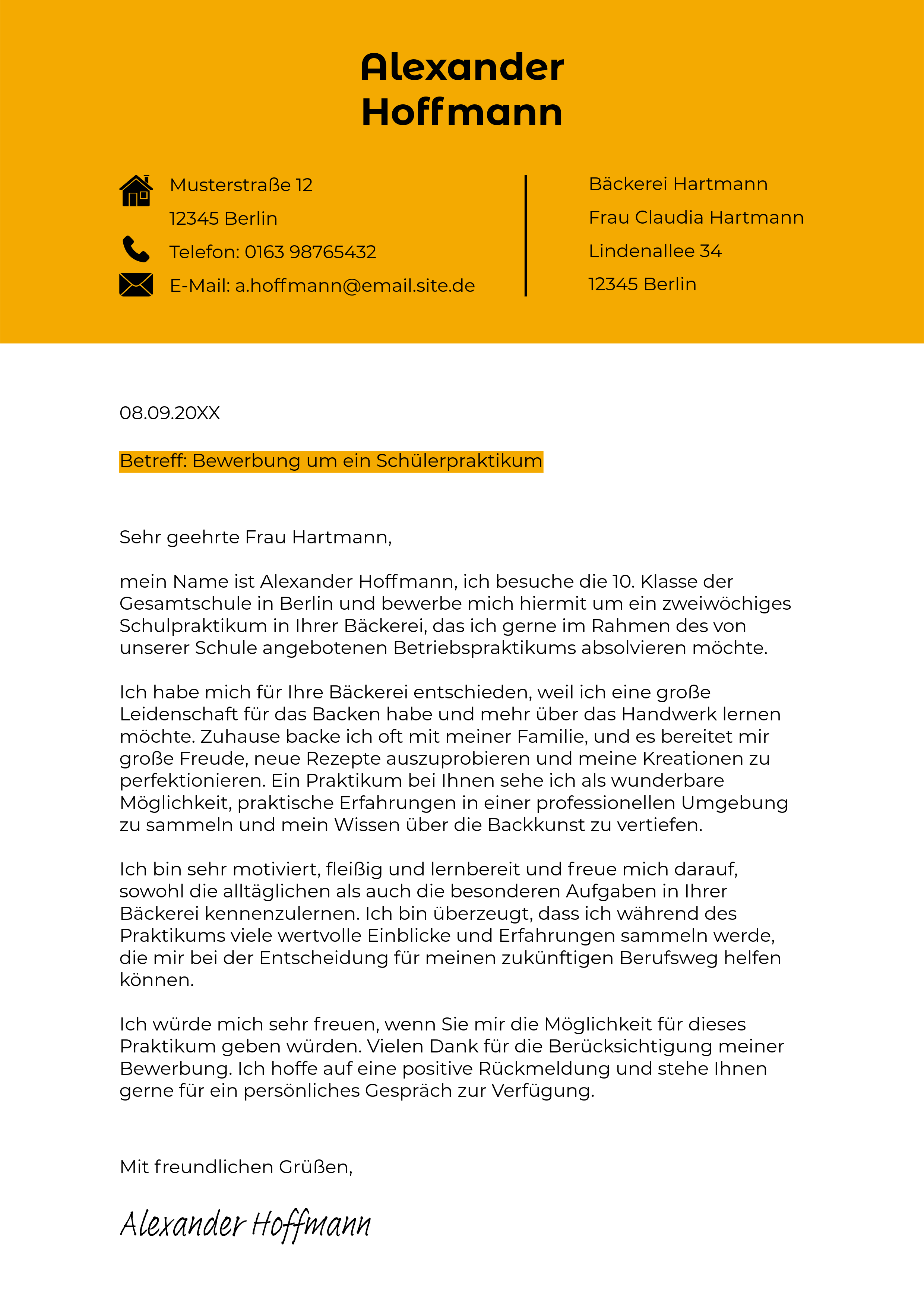 Gelbes Praktikumsanschreiben