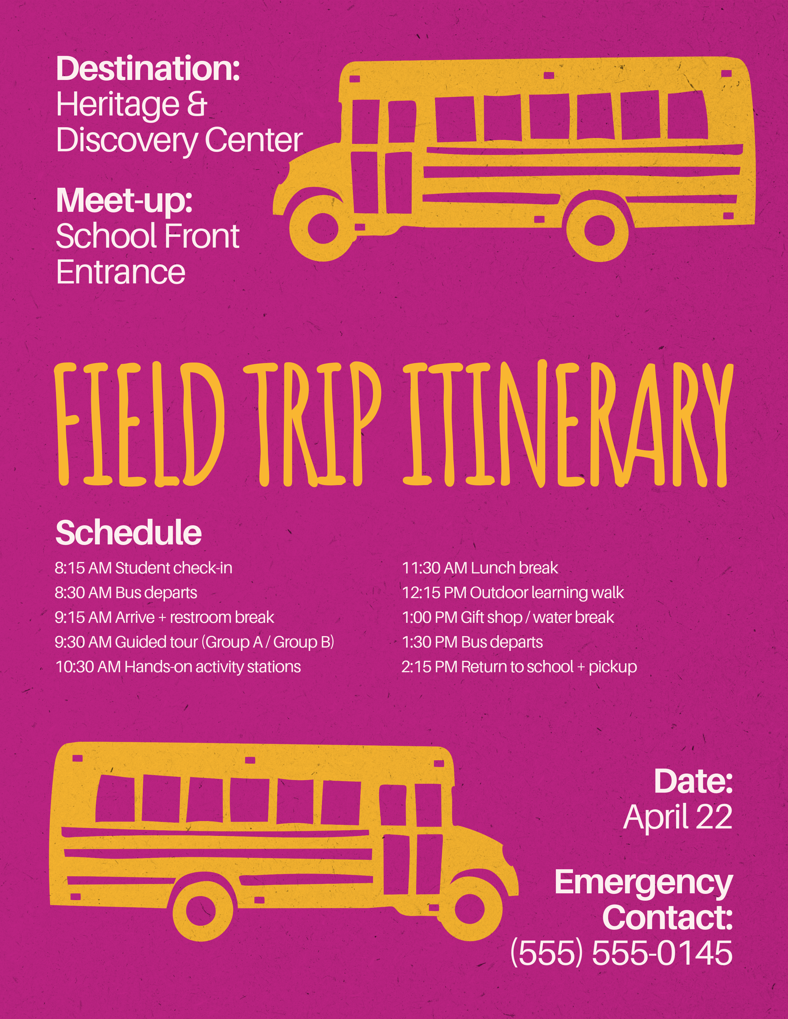Yellow and Purple Field Trip Itinerary Flyer