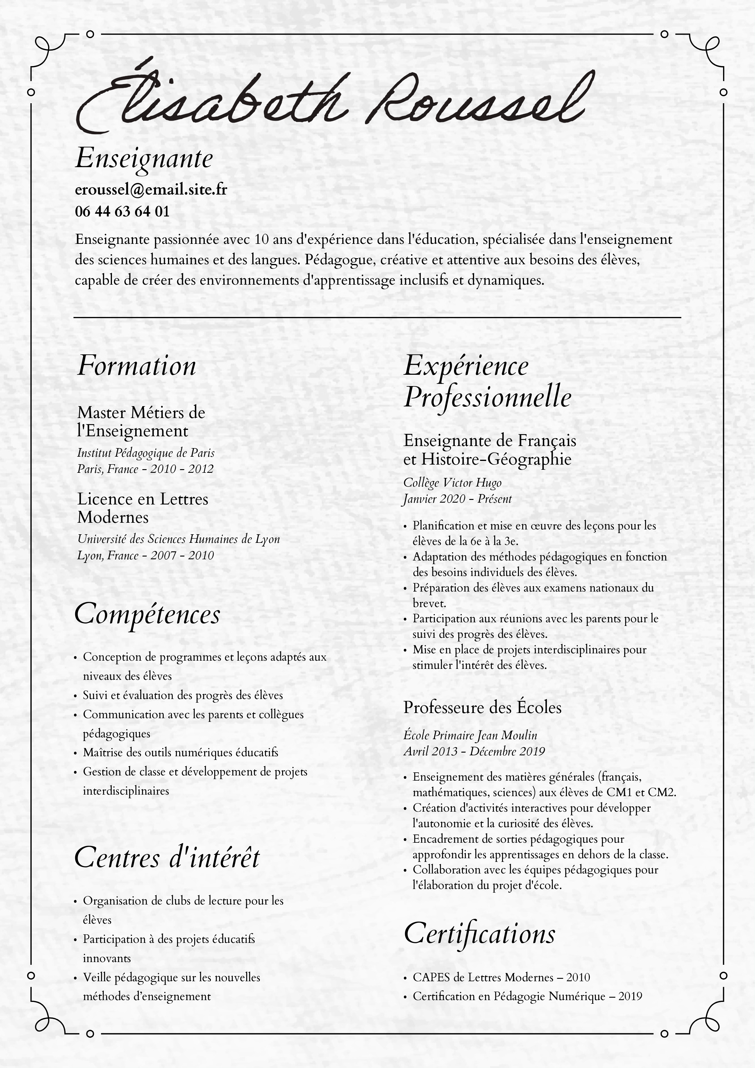 CV Blanc Enseignante