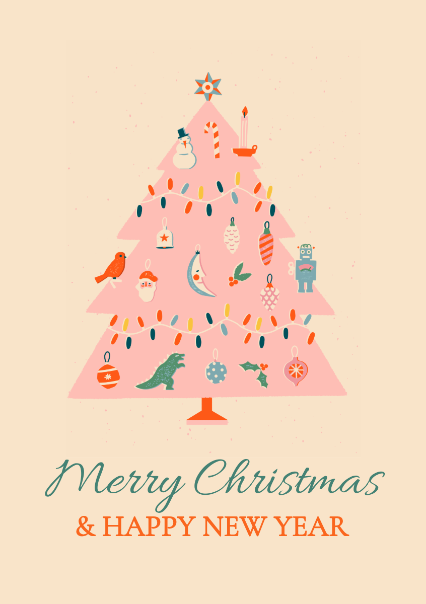 Cream Pink Blue & Orange Cute Christmas Tree A5 Greeting Card