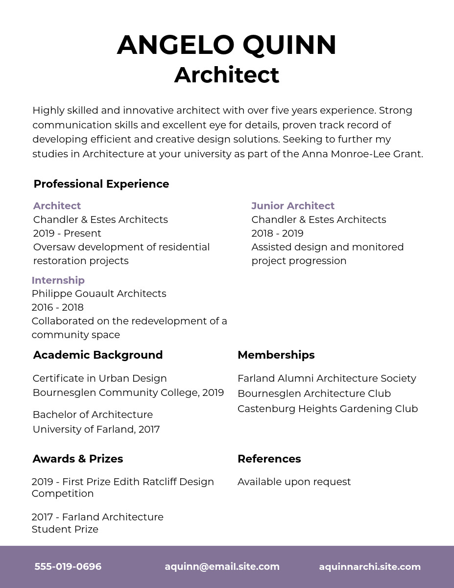 White, Black & Purple Minimal Architect CV
