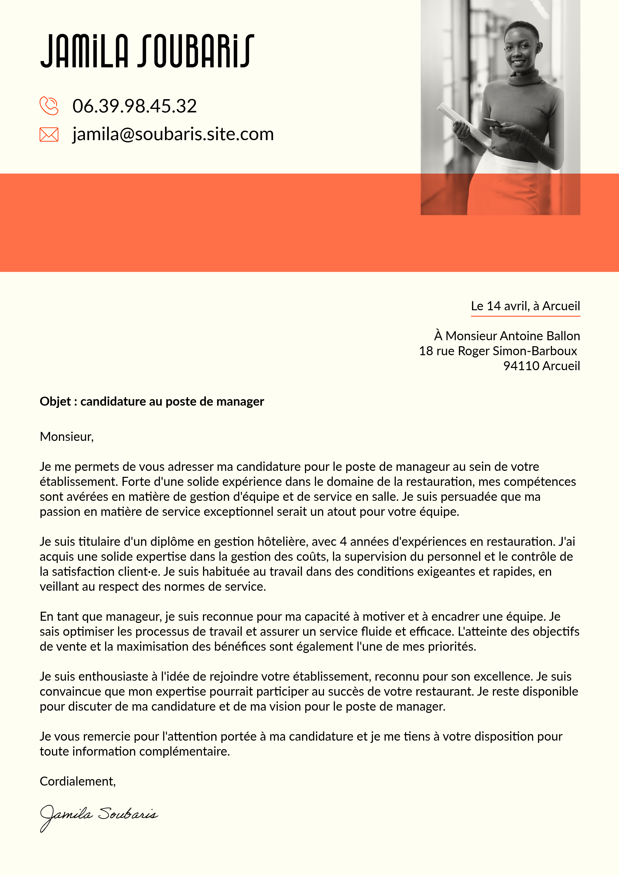 lettre candidature manager modèle orange et beige