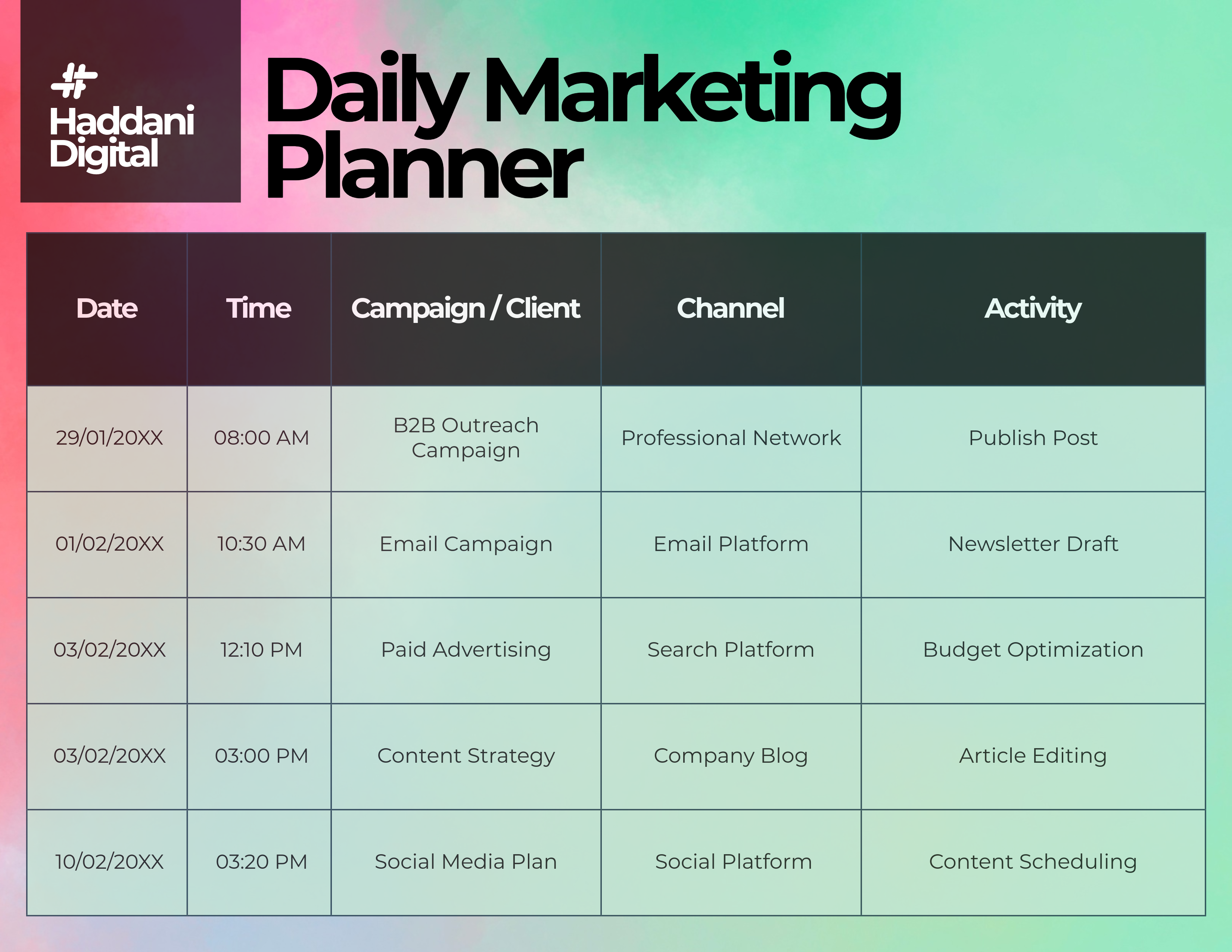 Green, Black and Pink Professional Services Marketing Planner