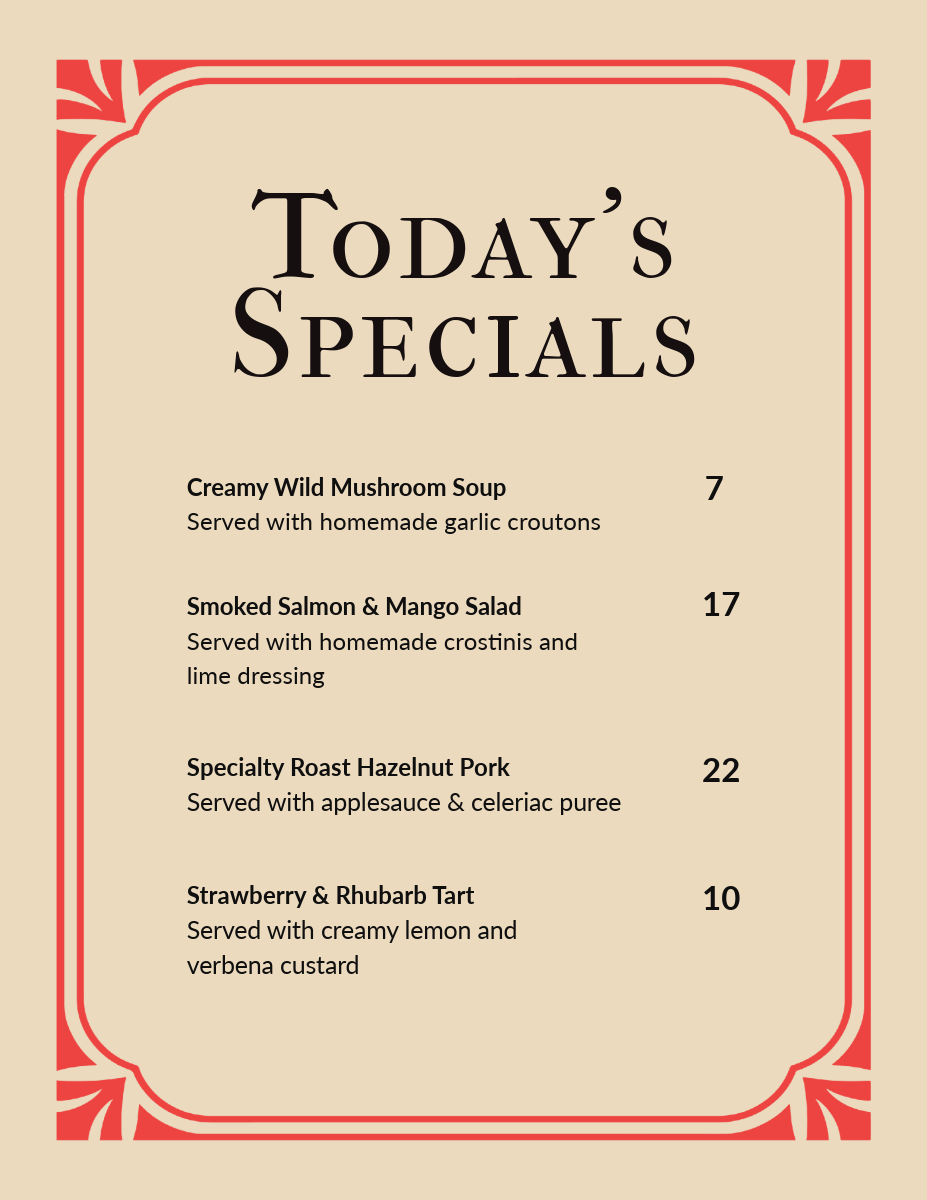 Red Art Deco Restaurant Specials Menu