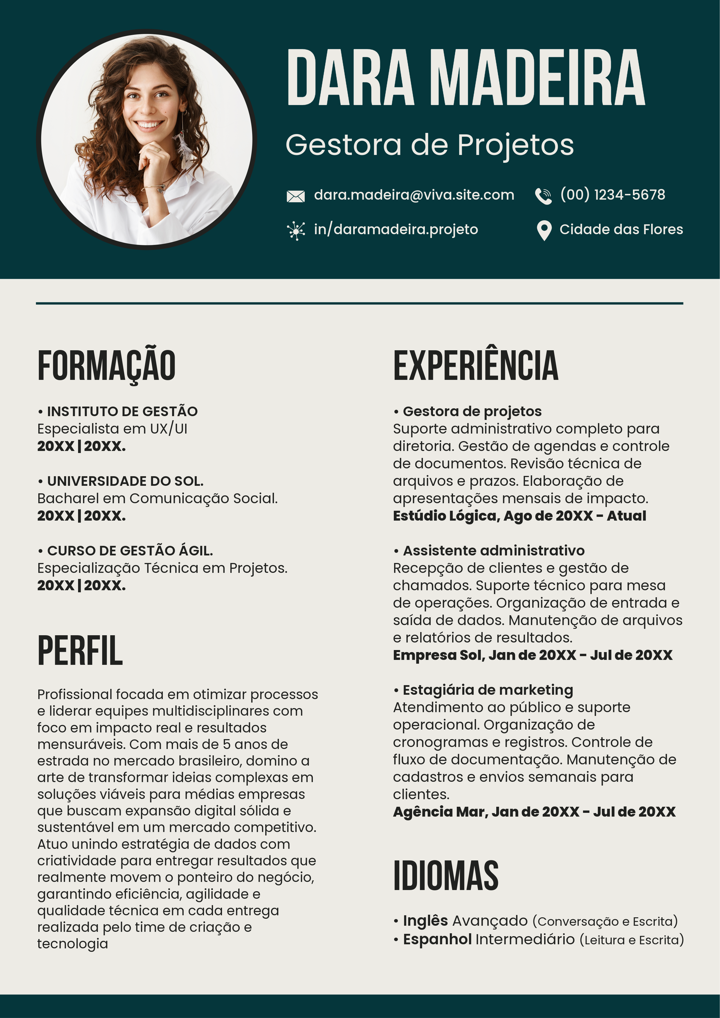 Azul Petróleo, Bege e Preto Gestora Projetos Currículo A4