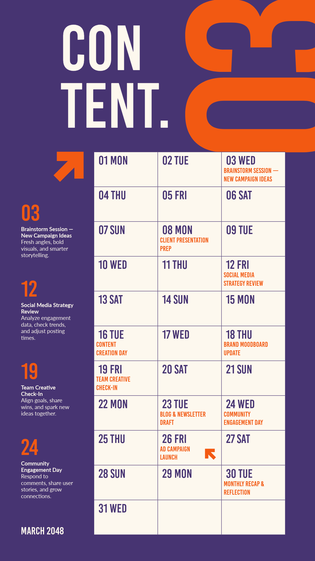 Dark Purple and Red Marketing Content Professional Services Calendar