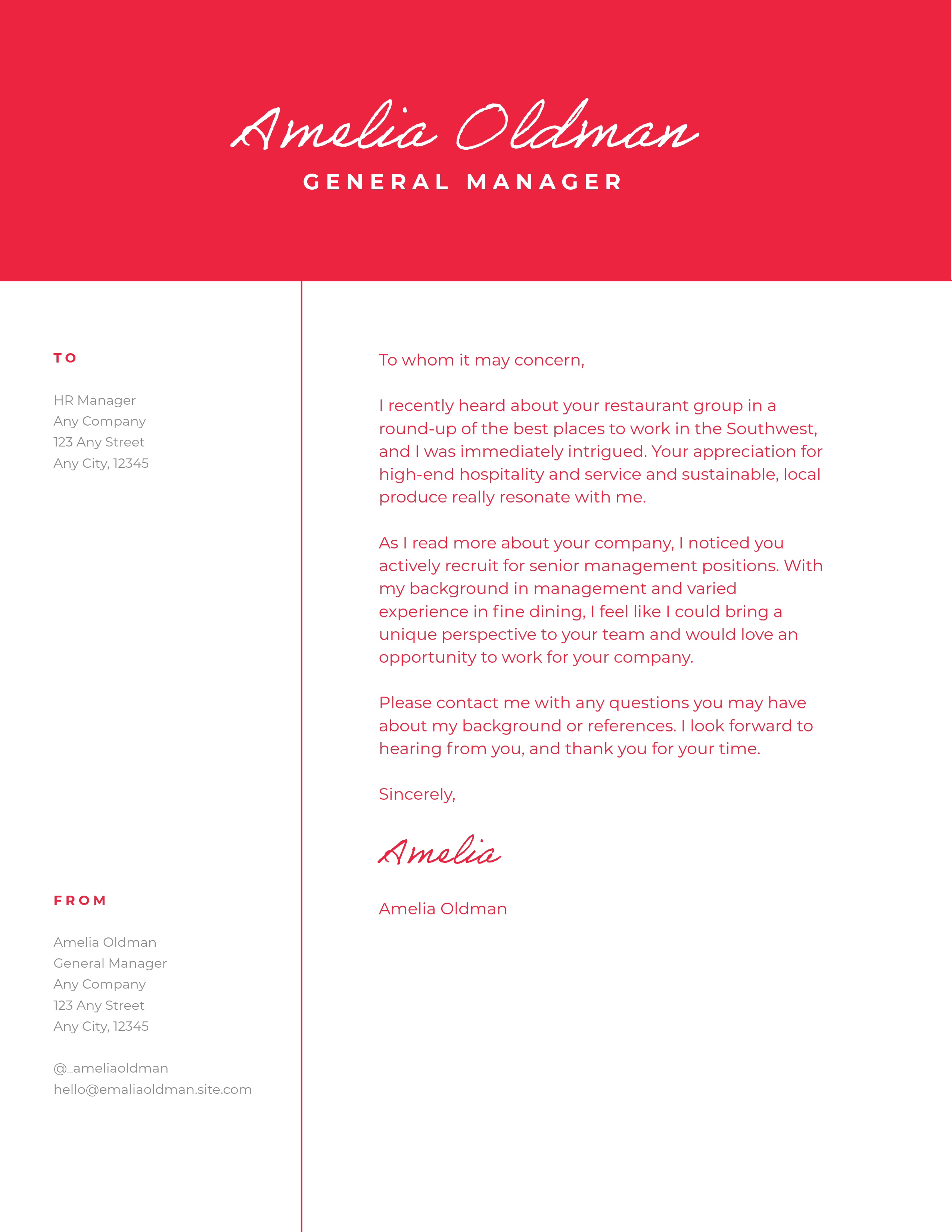 Red Job Prospecting Cover Letter