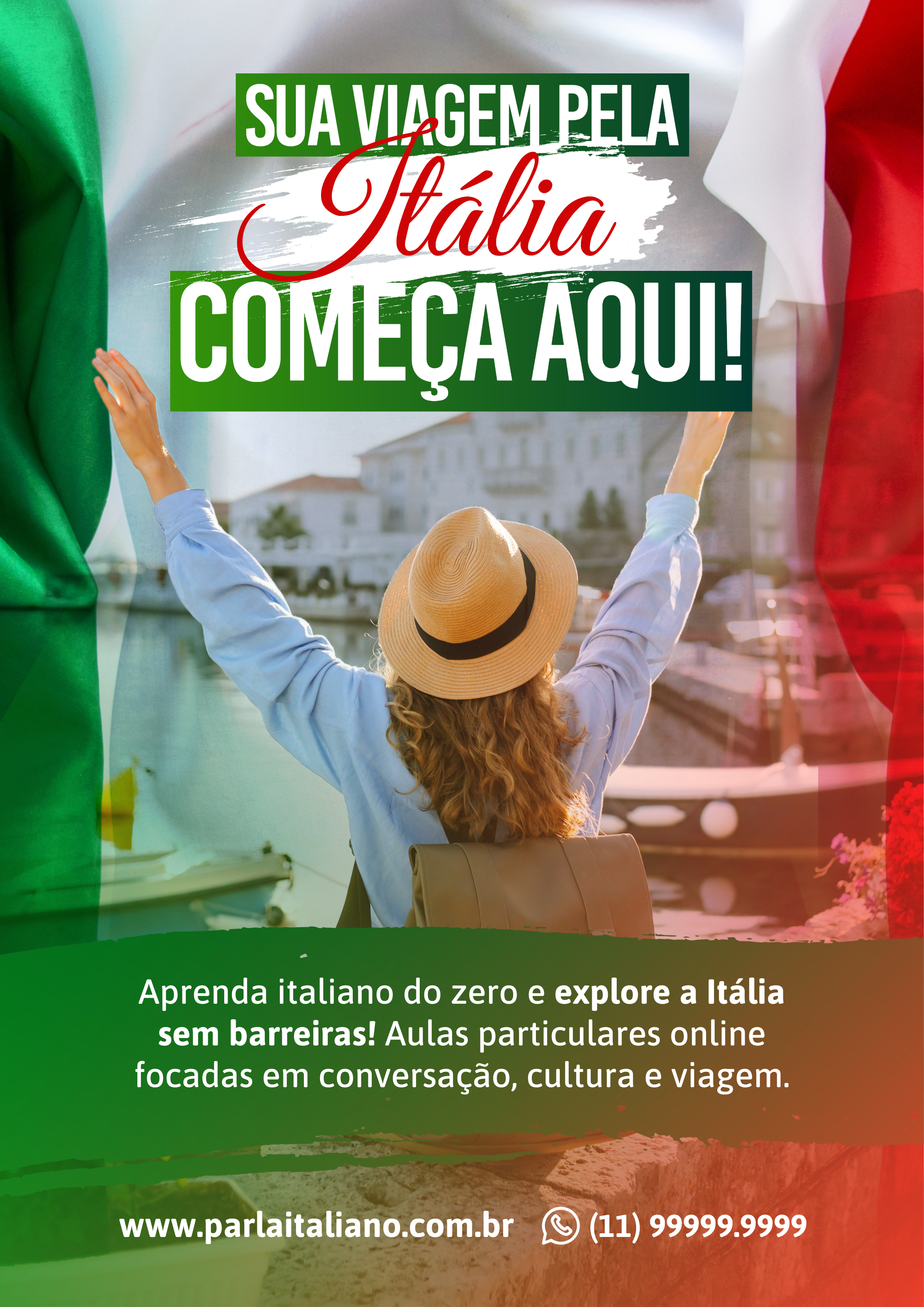 Verde, branco e vermelho Curso de Italiano turismo escola de idiomas Panfleto