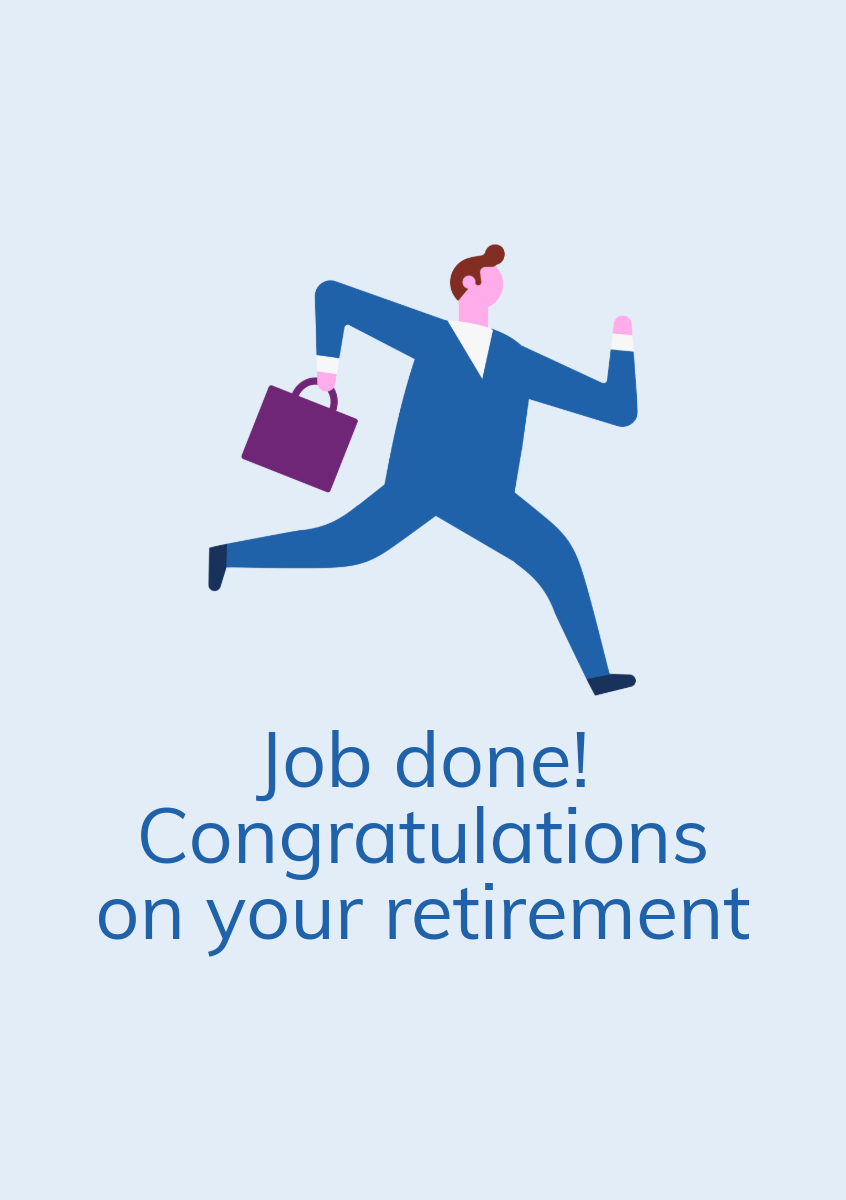 Blue Purple & Pink Illustrated Business Man Happy Retirement A5 Greeting Card