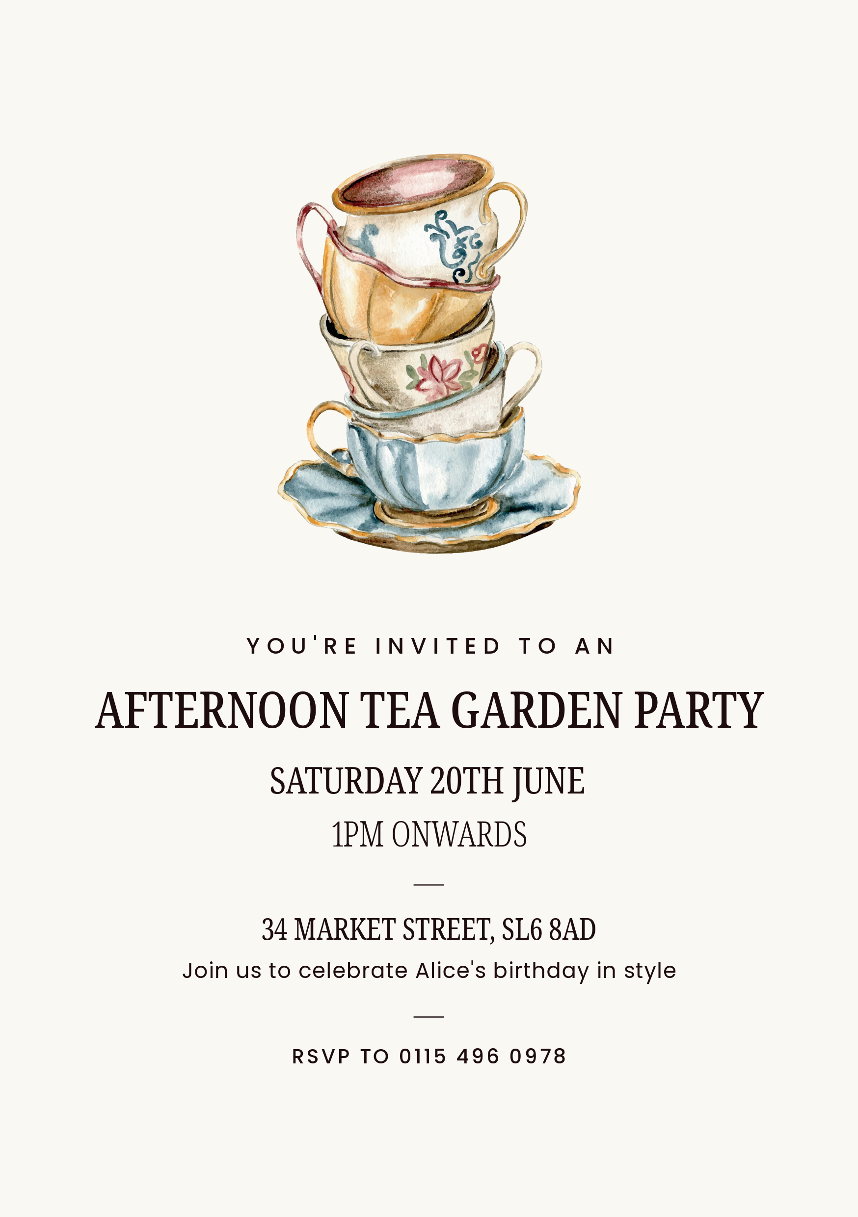 Cream Tea Cups Garden Party Invitation A5
