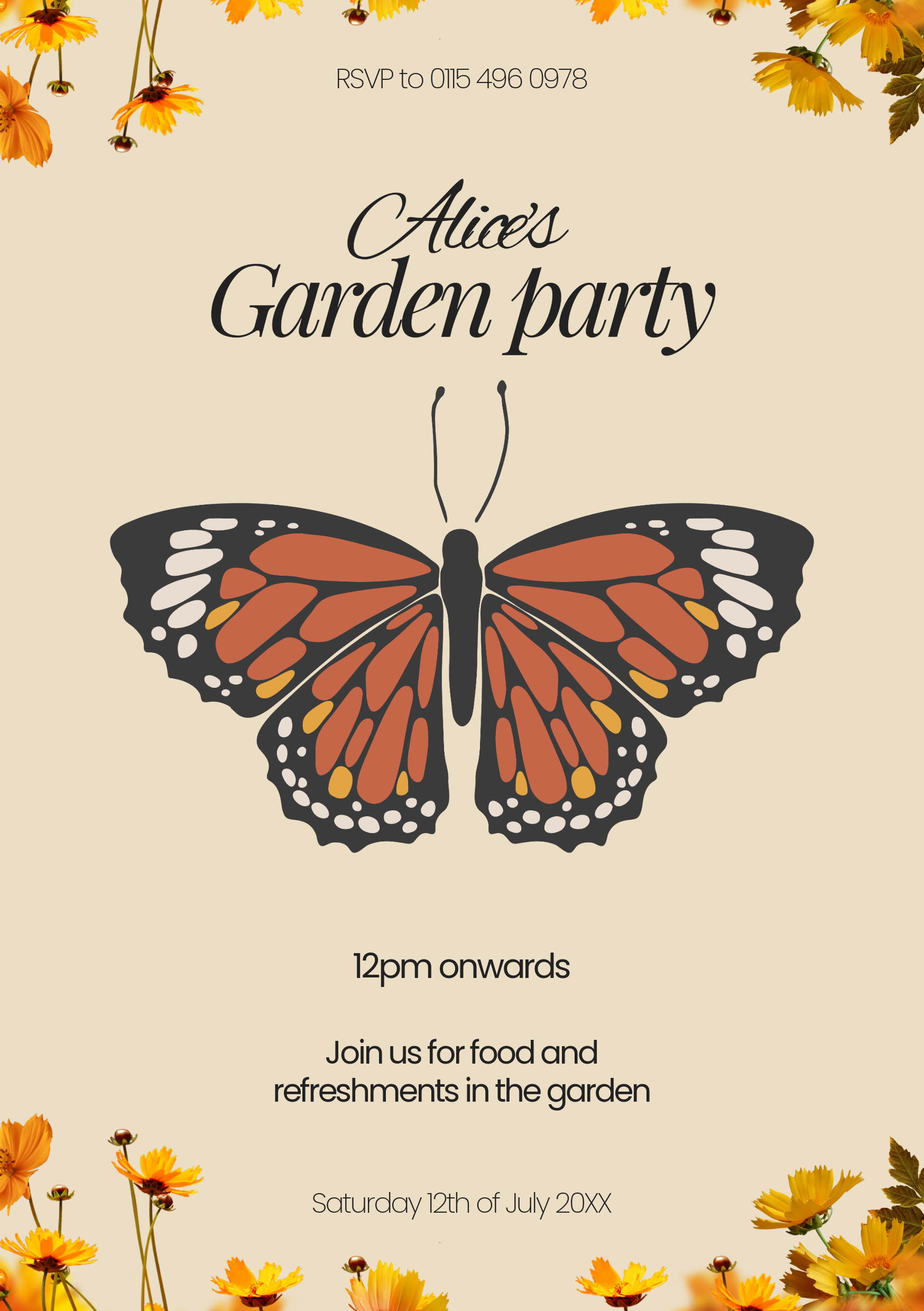 Beige Butterfly Garden Party Invitation A5