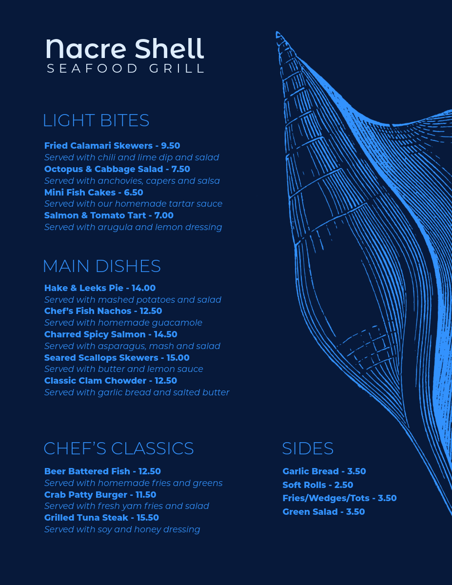 Blue Classic Seafood Menu