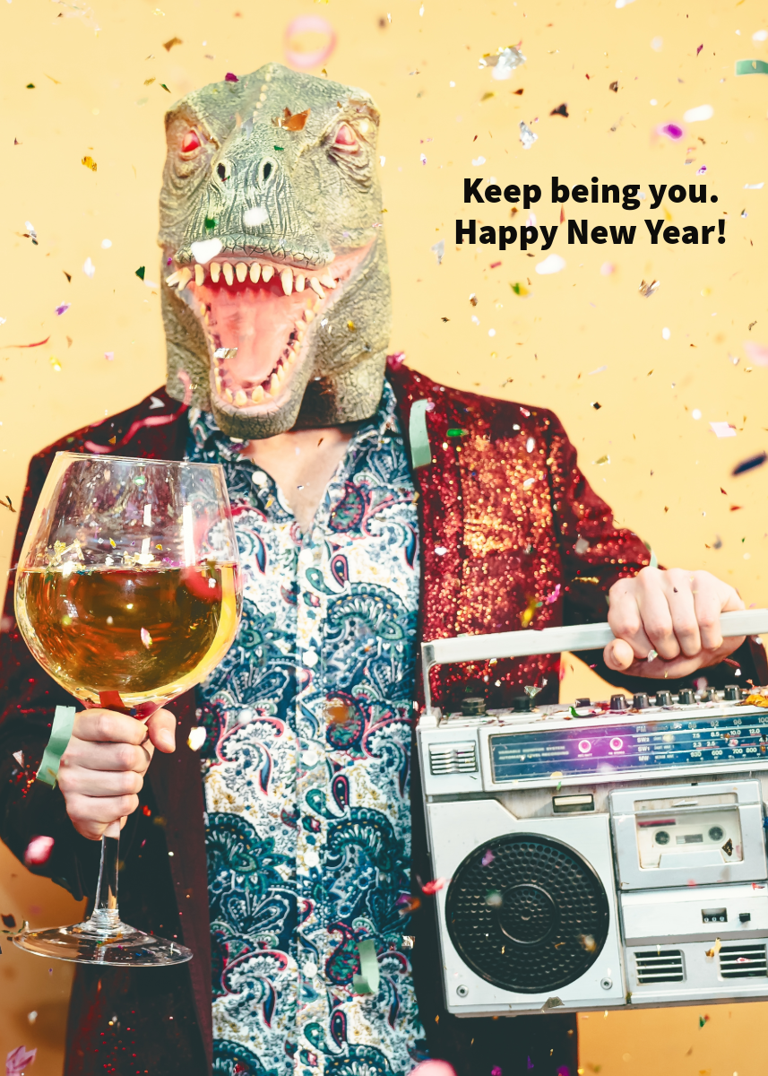 Yellow Dinosaur Silly New Years Card