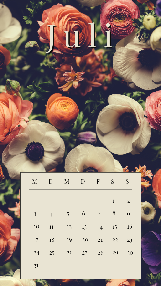 Vintage Red and Beige Floral July Calendar Sheet