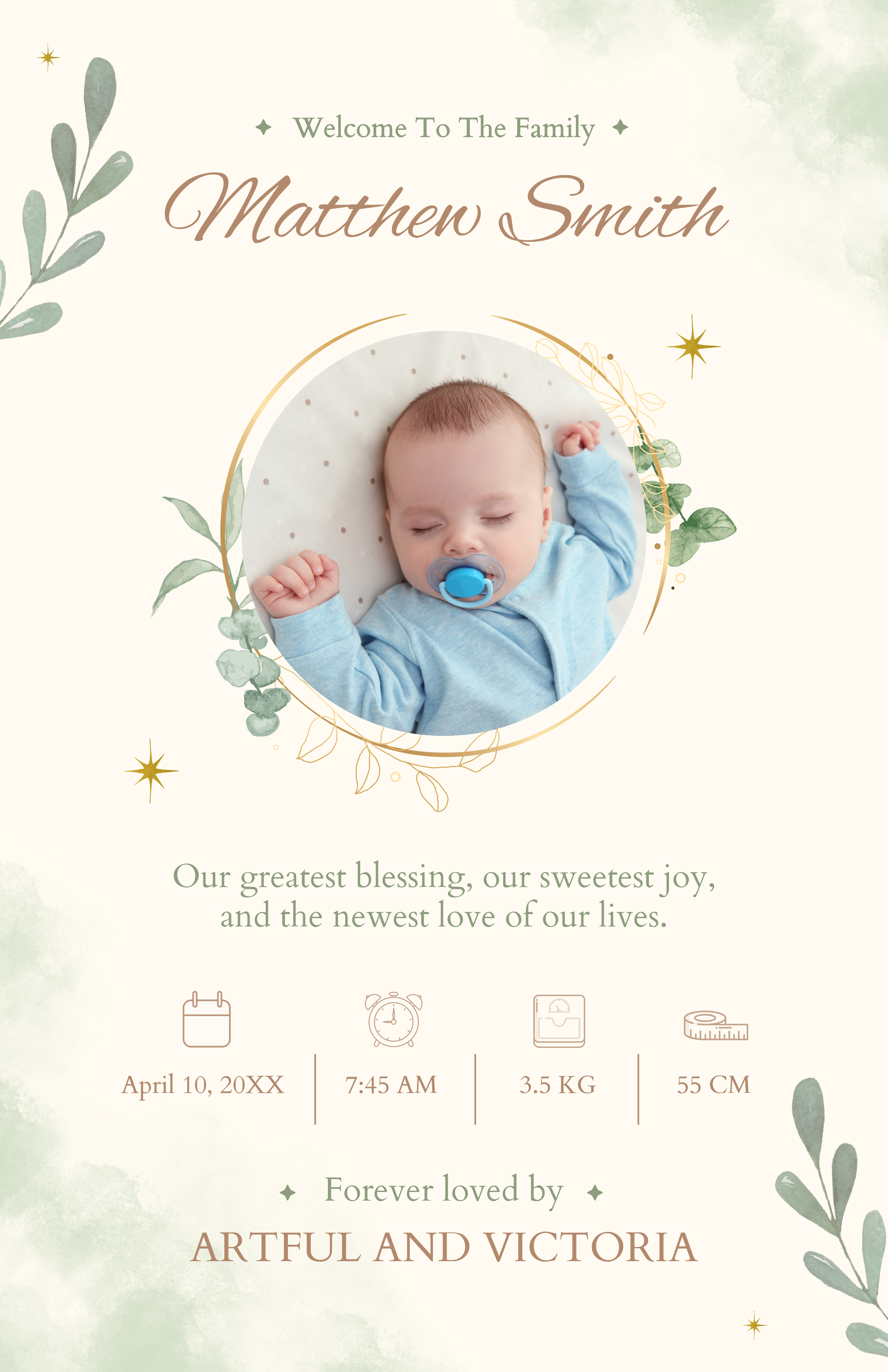 Beige and Green Baby Name Announcement Poster
