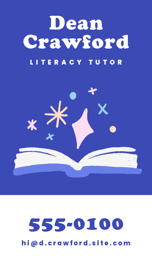 Blue and White Dean Crawford Literacy Tutor Vertical Business Card