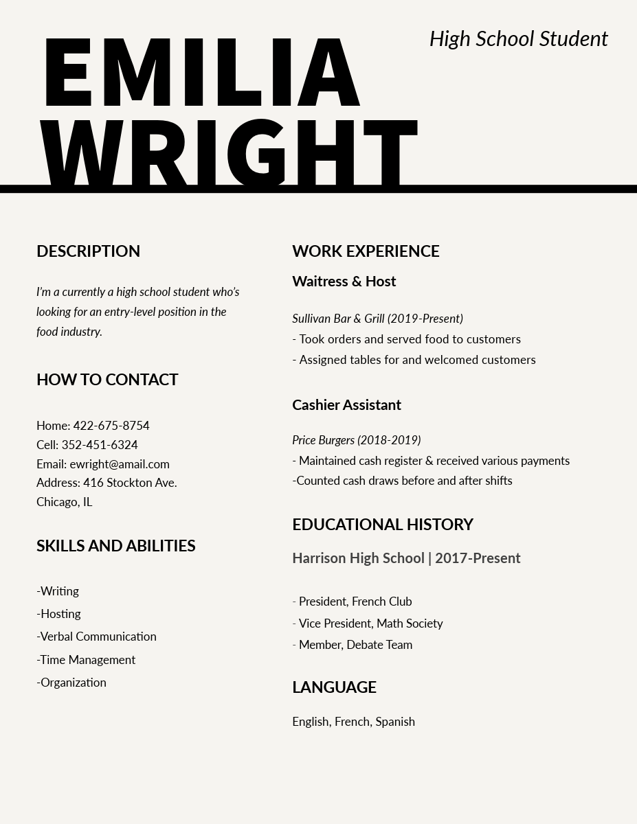 Black and White Food Industry High School Student Resume