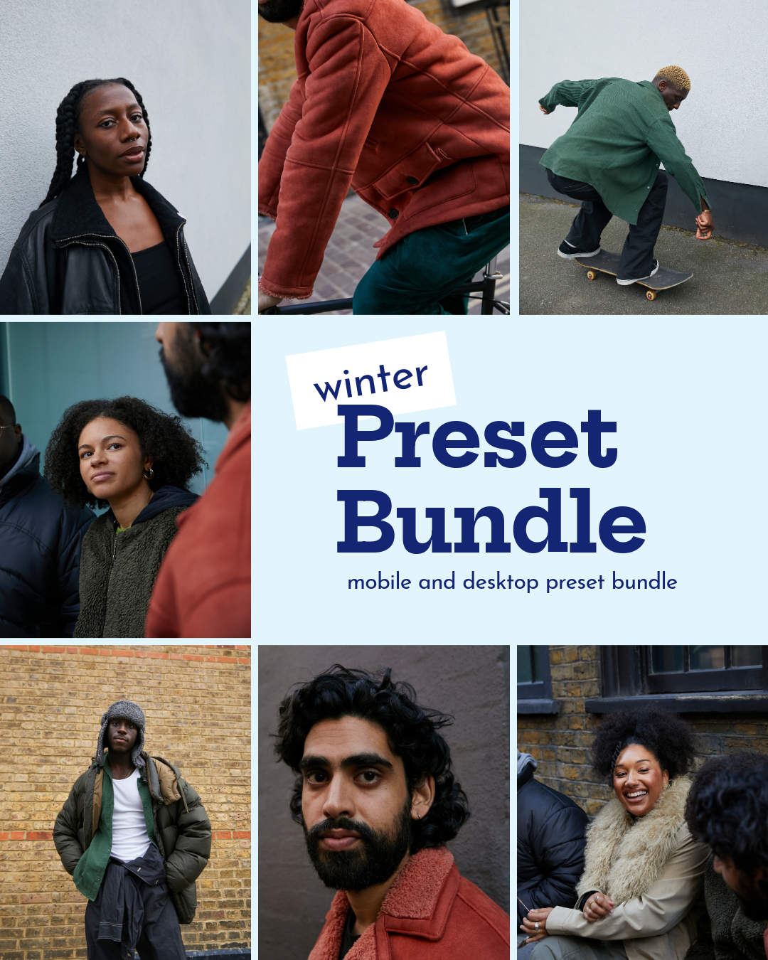 Instagram post portrait preset bundle mobile desktop winter photos collage grid blue white