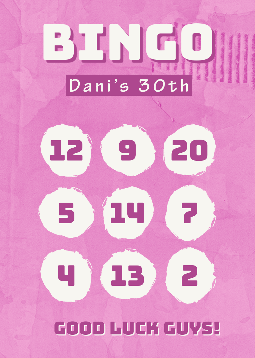 Pink and White 30th Birthday Bingo Card