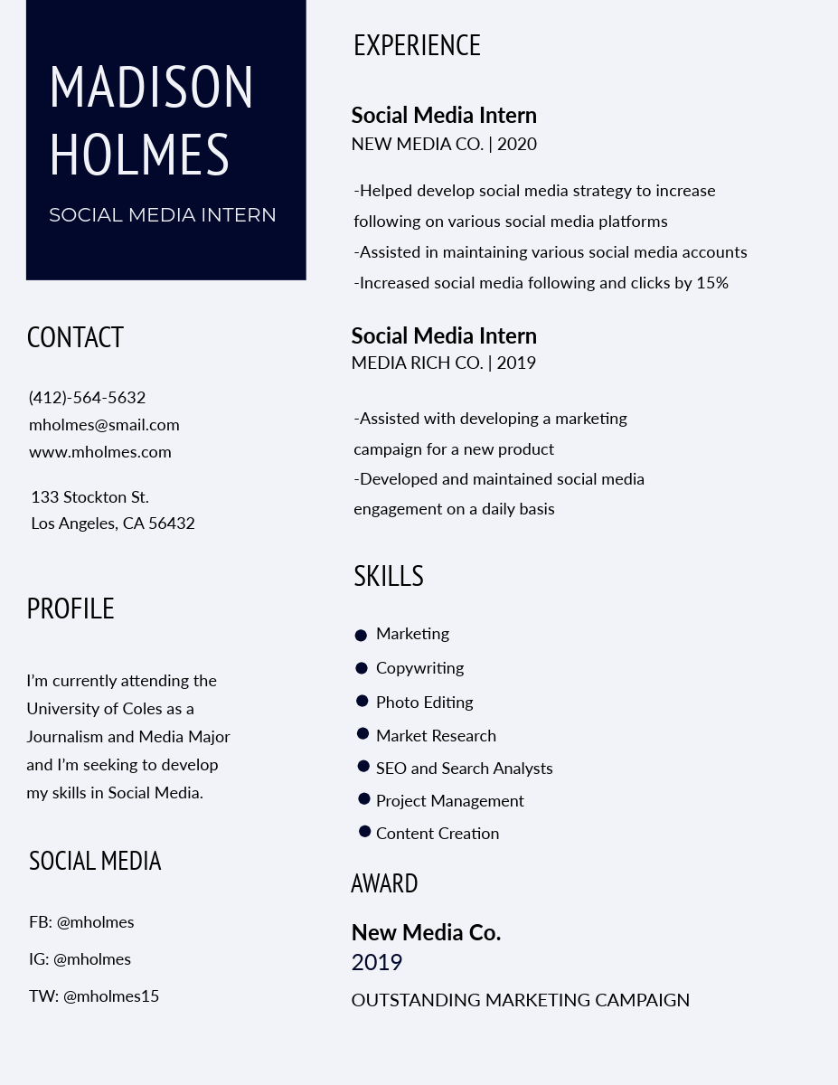 Black and White Journalist and Social Media Marketing Specialist Resume