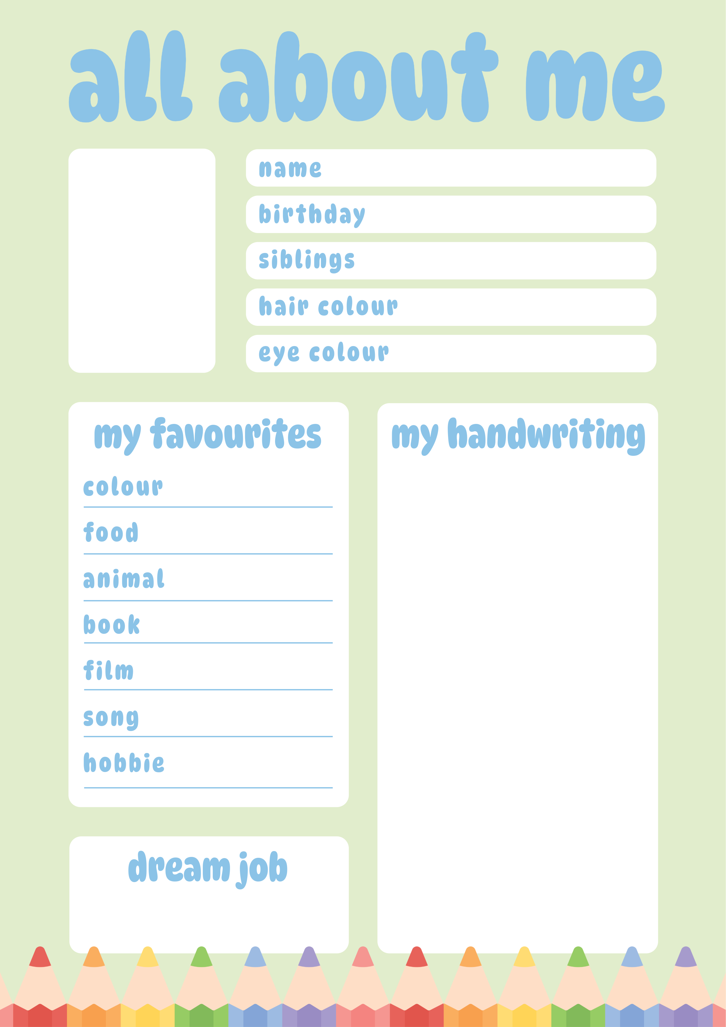Green White and Blue Kids All About Me Play Centre Worksheet