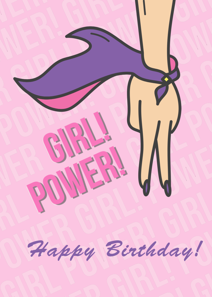 Pink Hand Illustration Feminine Style Girl Power Happy Birthday Card