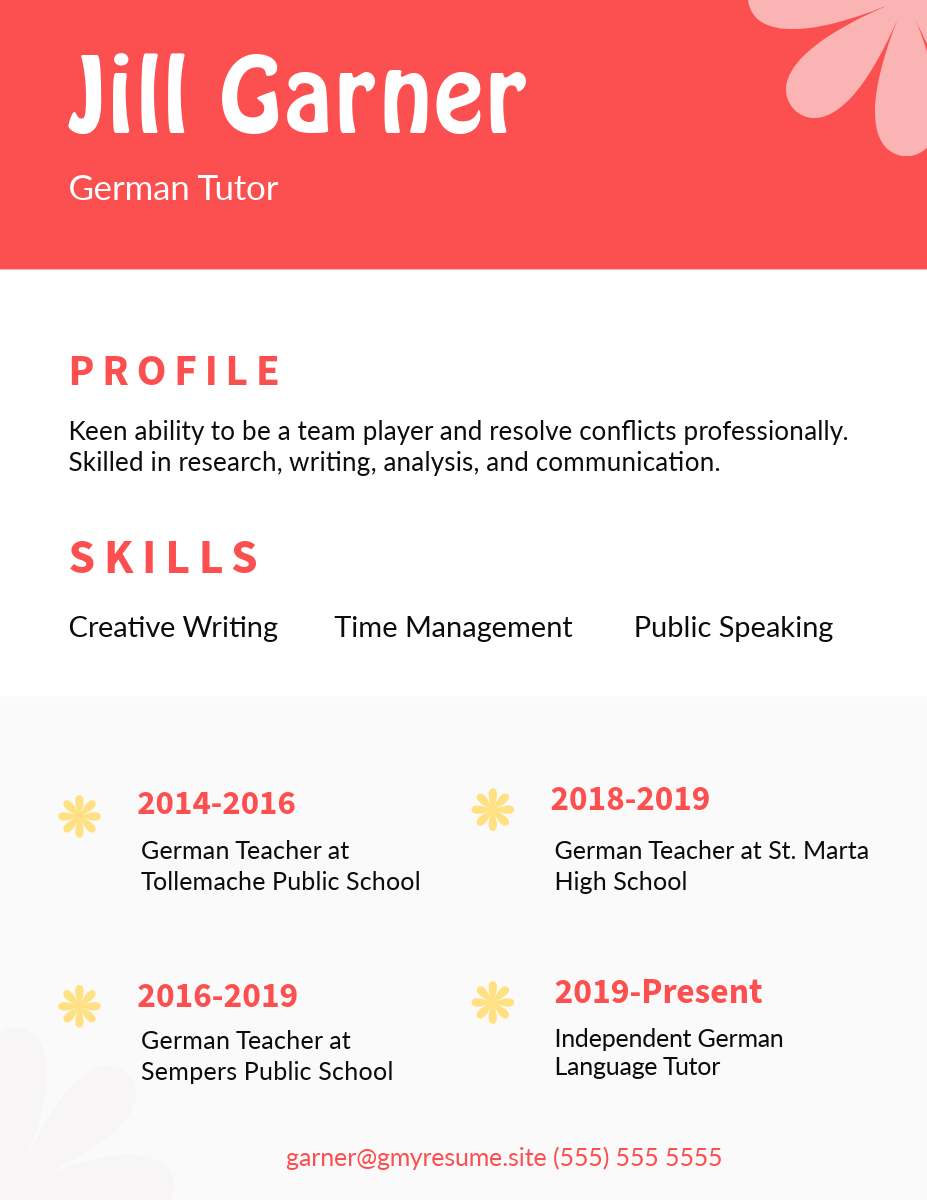 Red Pink Tutor Resume