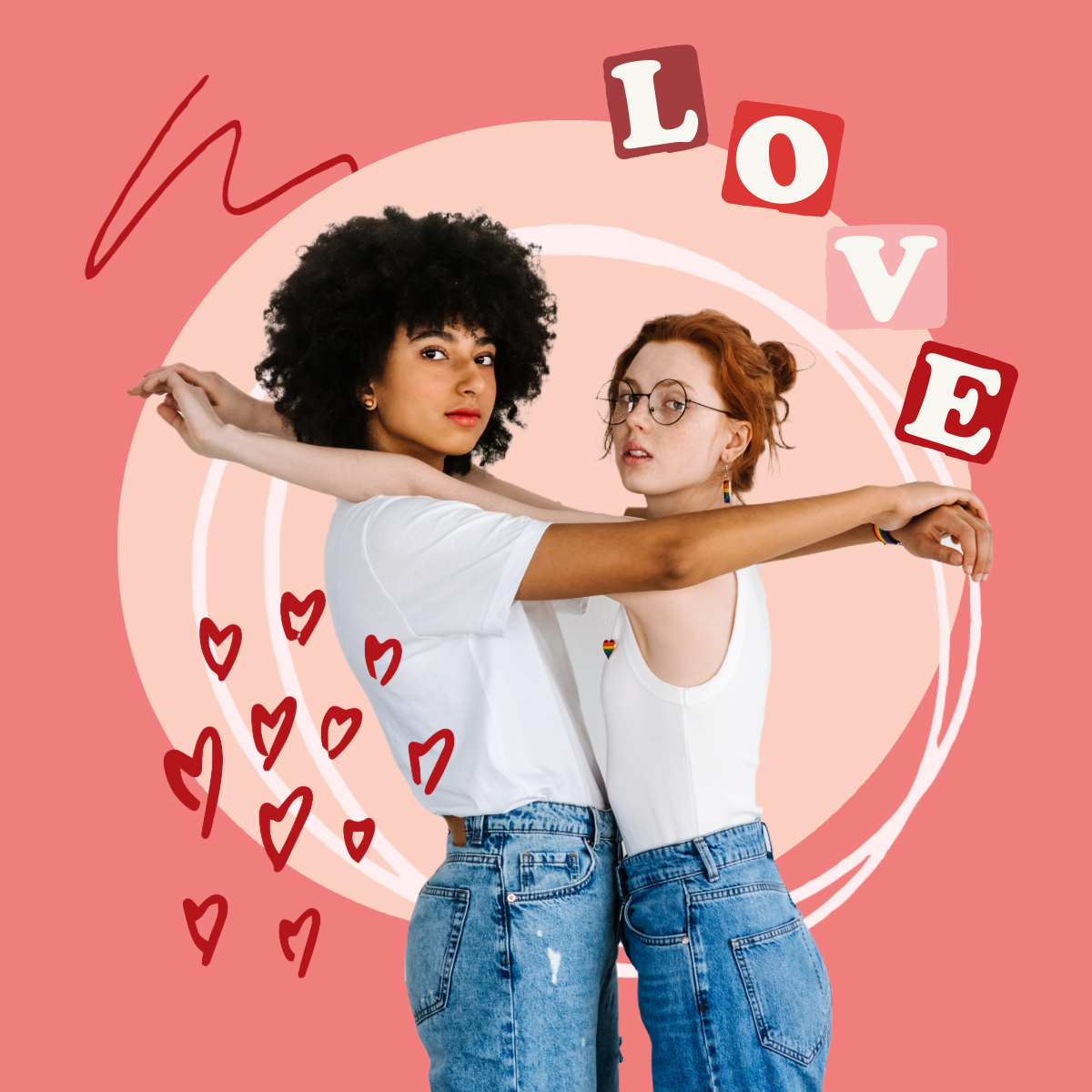 Red Pink & White Love Couple Illustration Collage Instagram Square Post