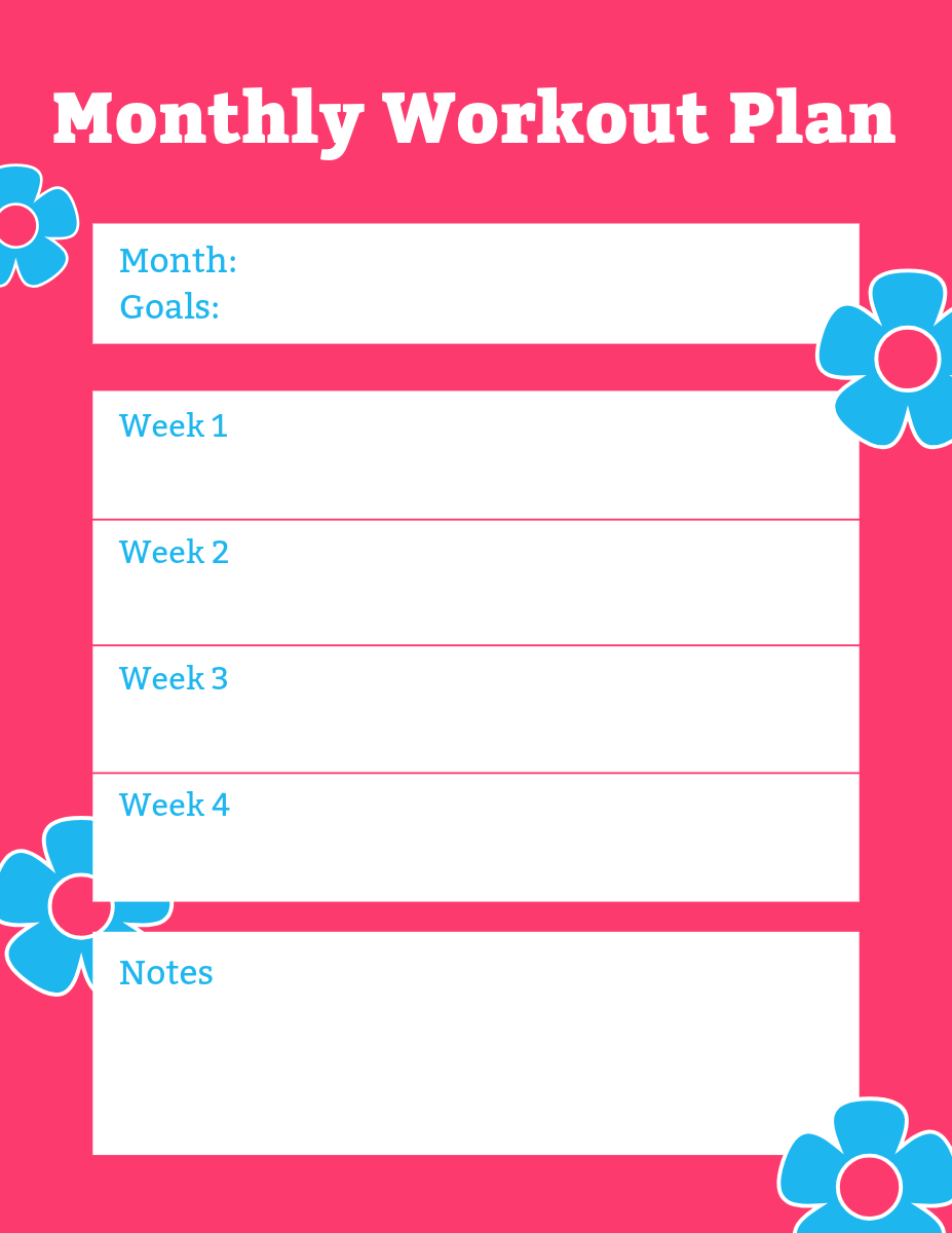 Pink & Cyan Flowers Black Monthly Workout Plan