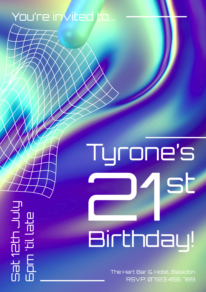 Blue Green & Yellow Futuristic 21st Birthday Invitation