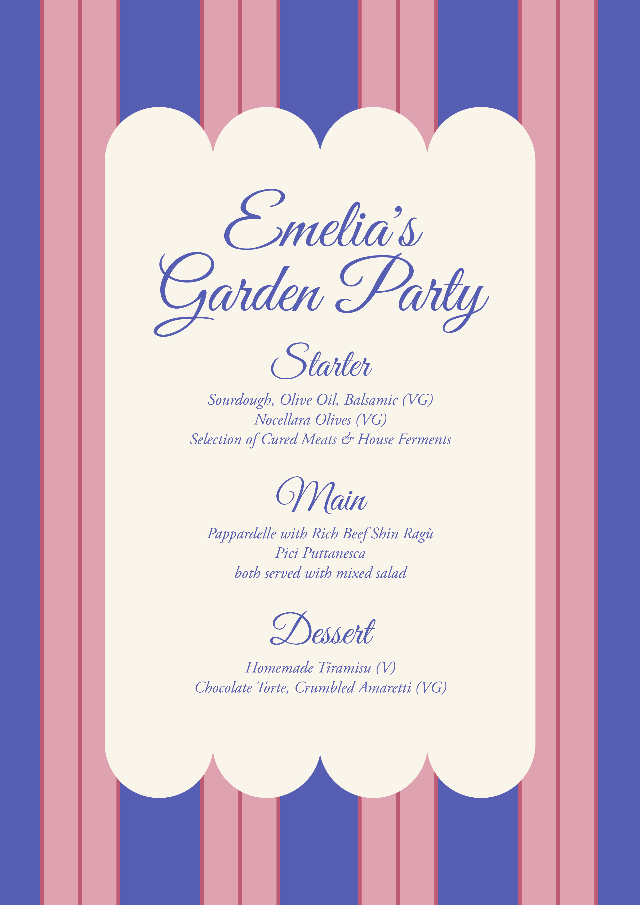 Pink and Blue Garden Party Menu A4
