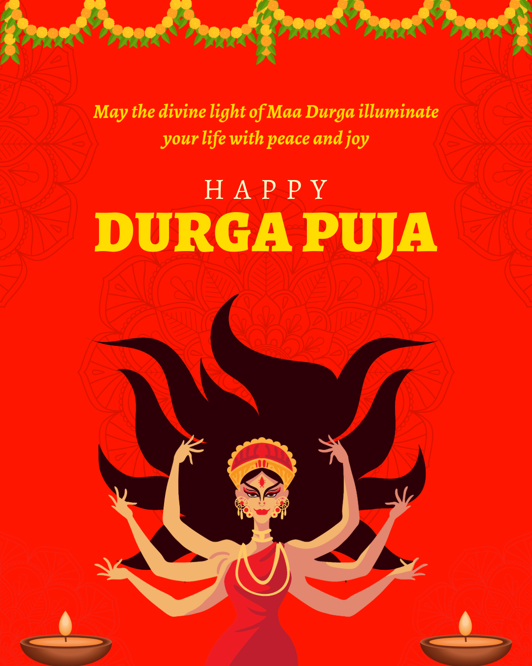 Yellow Red Durga Puja Wishes Portrait Post