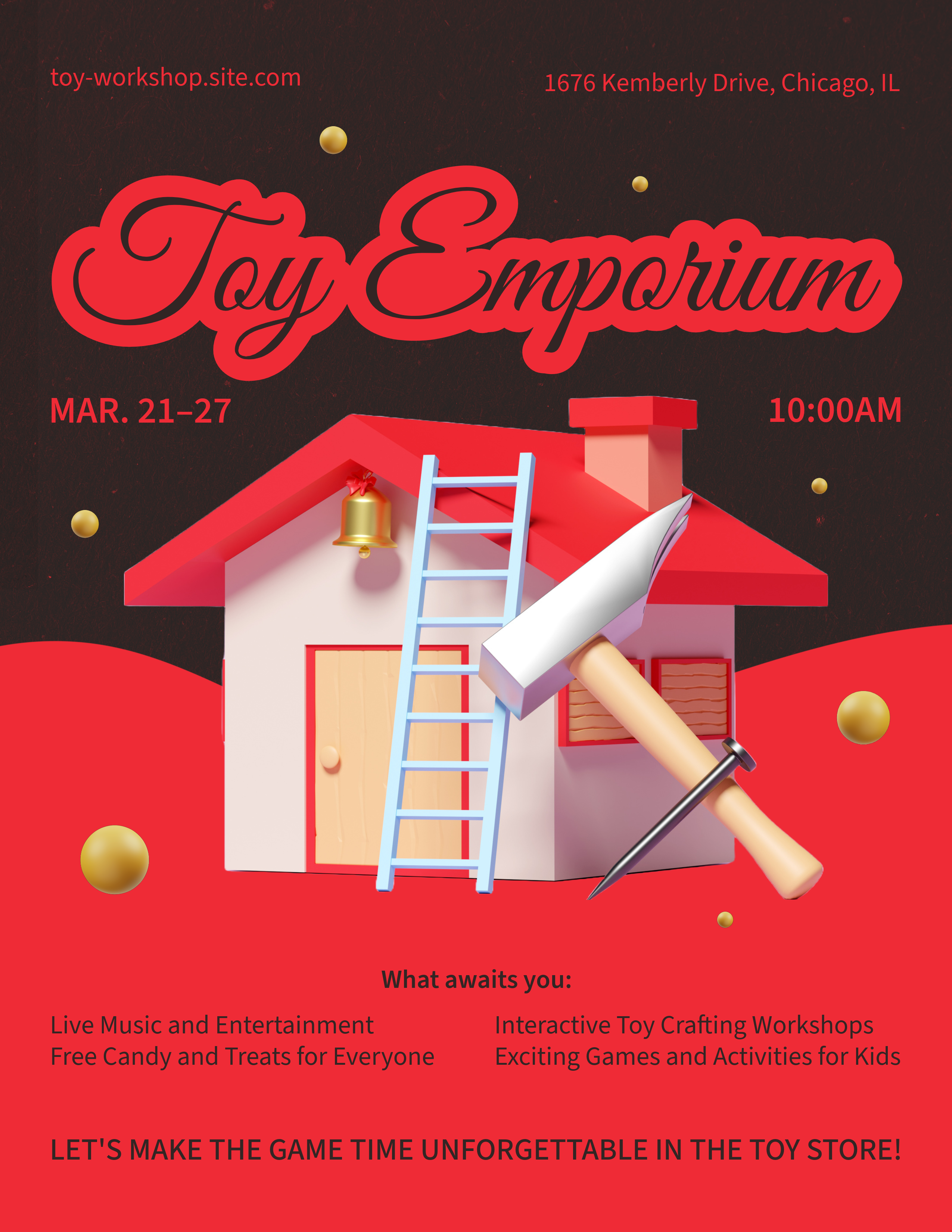 Deep Brown and Bright Crimson Toy Workshop Flyer