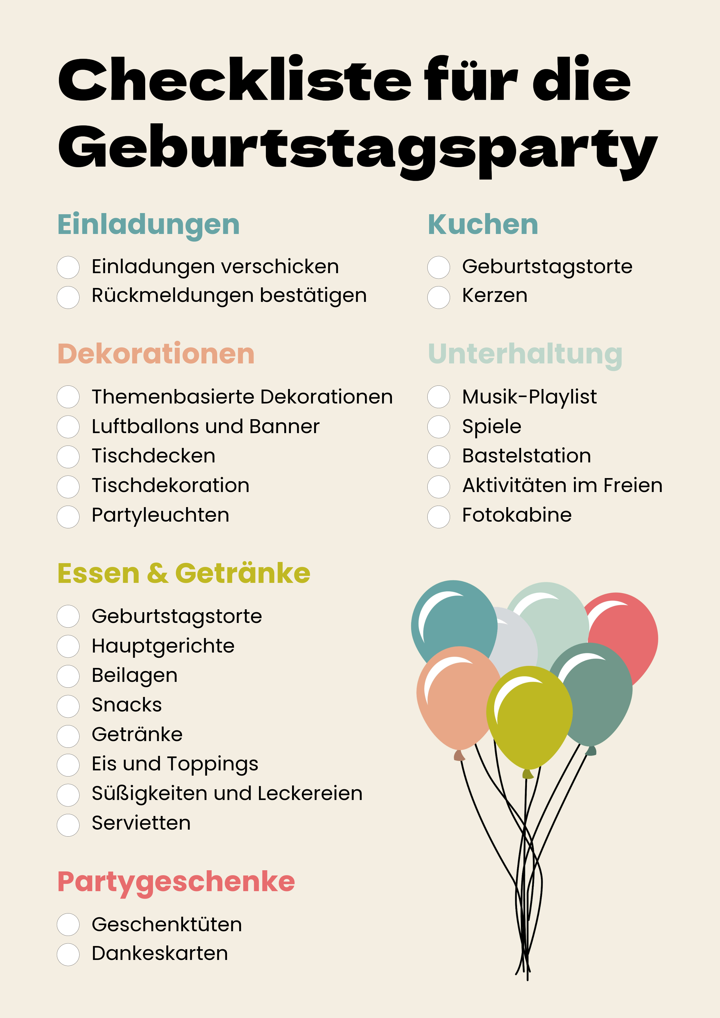 Beigefarbene Geburtstagsparty-Checkliste